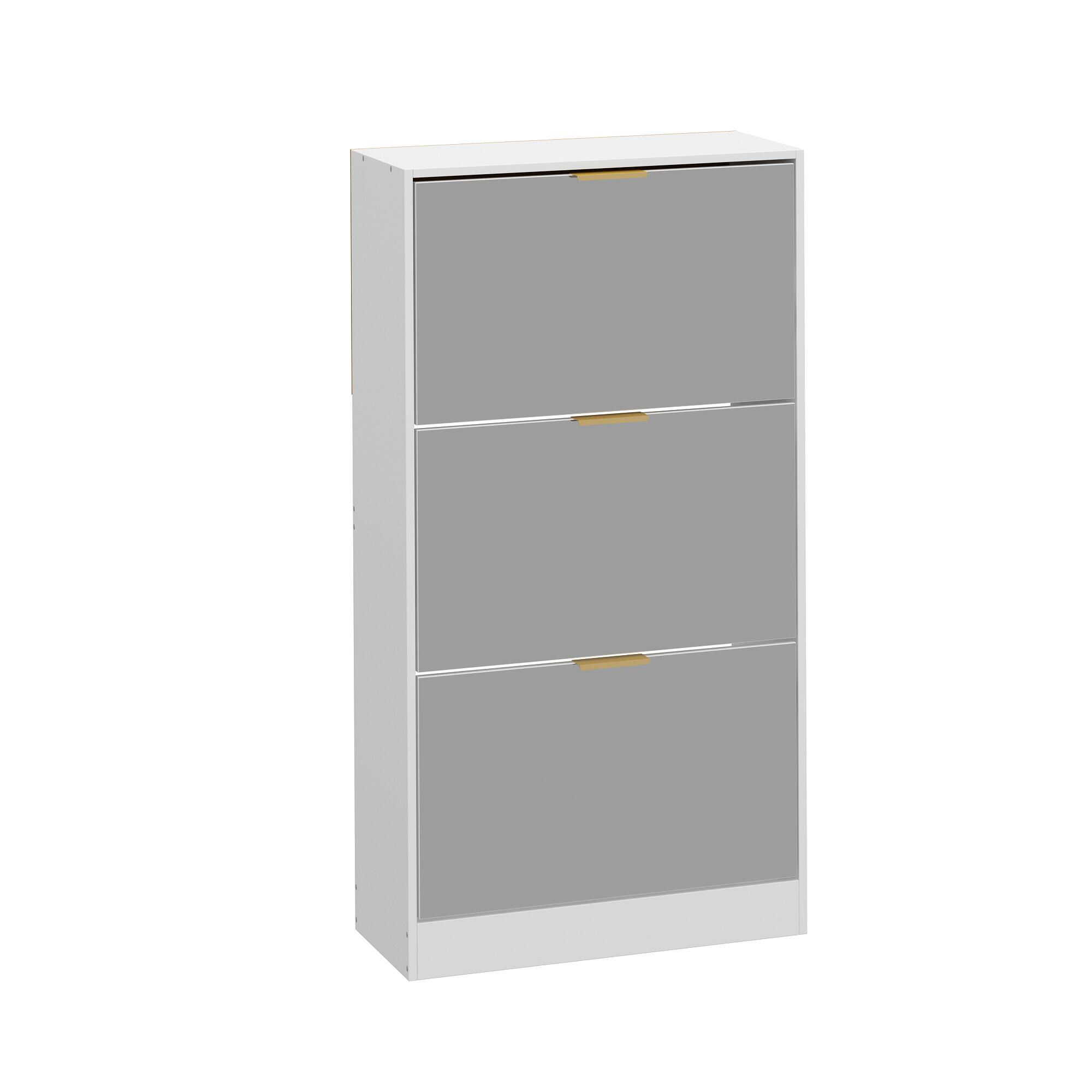 Left. Famapy - Famapy Farmhouse Shoe Cabinet: Flip - Down Design, Removable Laminate, Mirror Panel for Organized Charm - White.