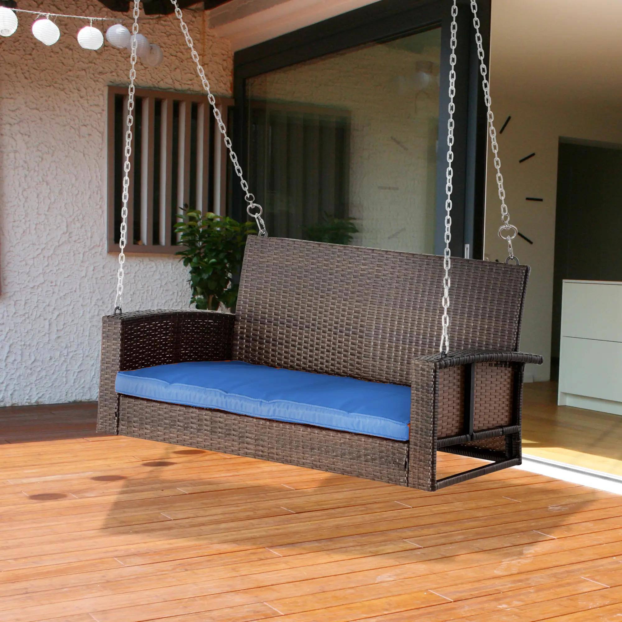 Left. Resenkos - Resenkos 2-Person Wicker Swing Bench, Outdoor Patio Swing Chair With Cushions,  Perfect for Garden, Blue.