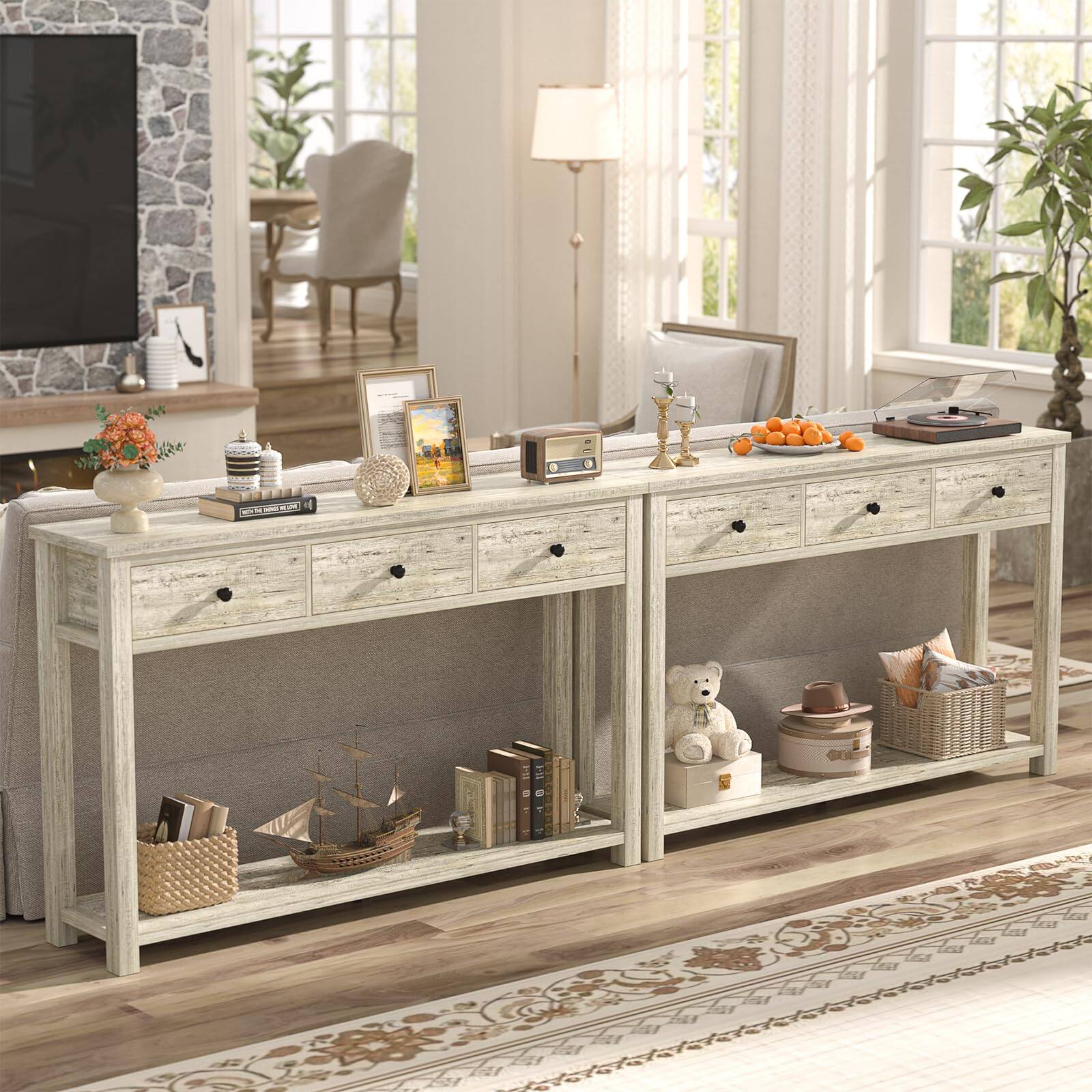 Alt View 1. JETRANSPORT - Farmhouse Console Table With 3 Drawers  47 Inch Wood Sofa Storage Shelf For Living Room Behind Couch Entryway - Light Rustic Oak 32 inch.