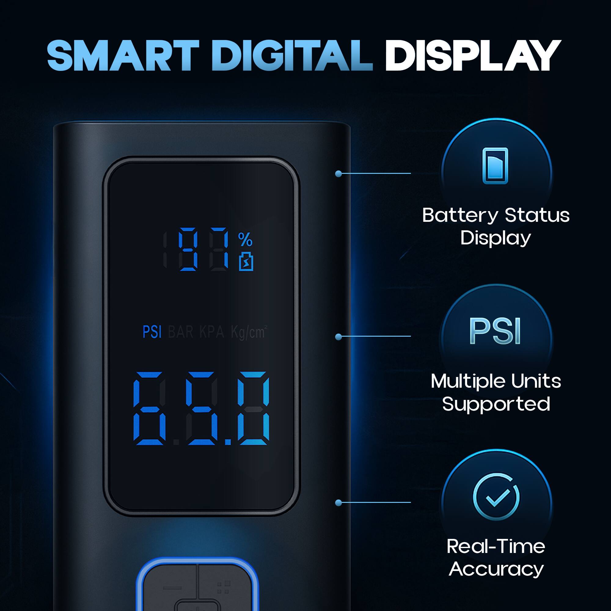 SMART DIGITAL DISPLAY

- Battery Status Display
- PSI BAR KPA Kg/cm²
- PSI Multiple Units Supported
- Real-Time Accuracy