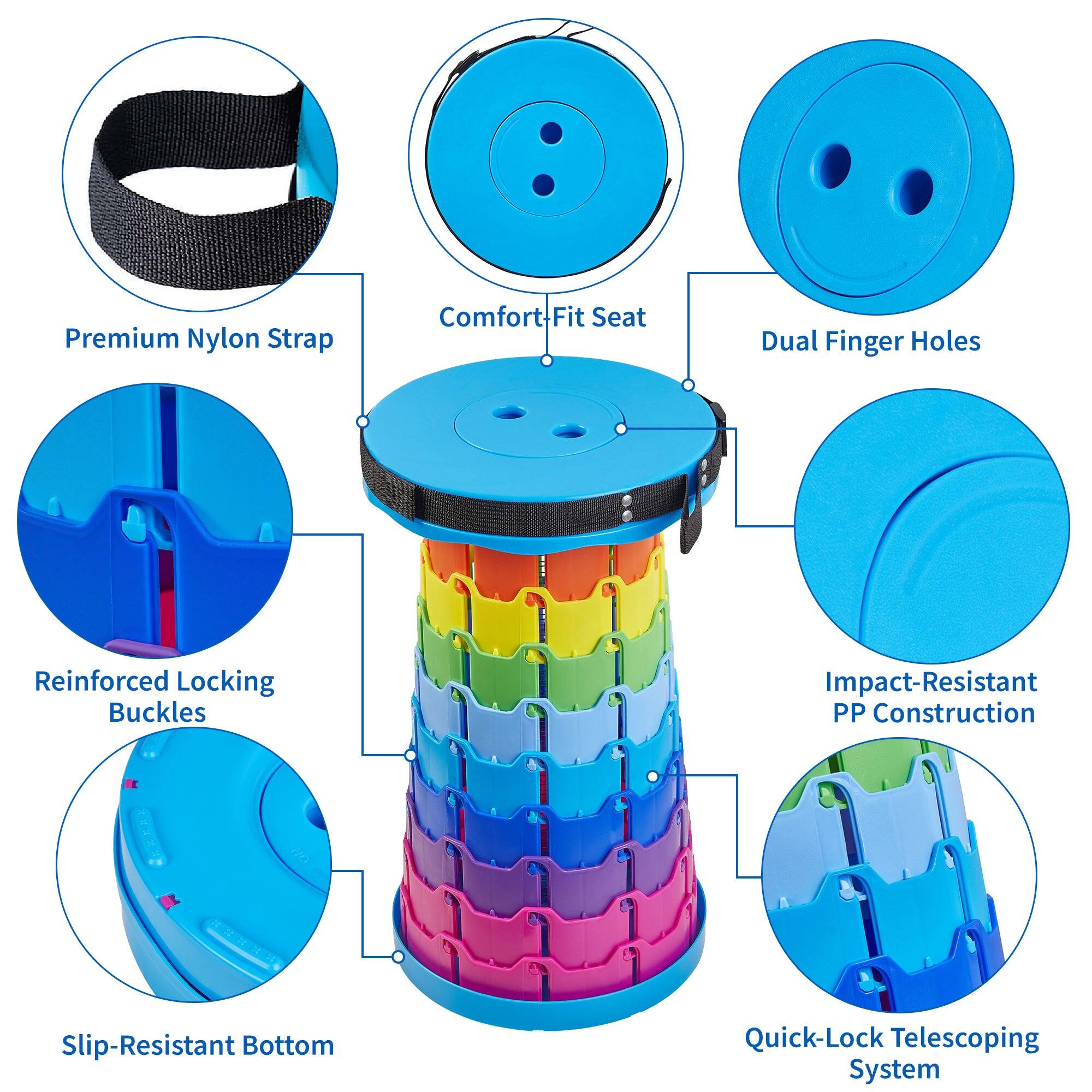 Premium Nylon Strap  
Comfort Fit Seat  
Dual Finger Holes  
Reinforced Locking Buckles  
Impact-Resistant PP Construction  
Slip-Resistant Bottom  
Quick-Lock Telescoping System