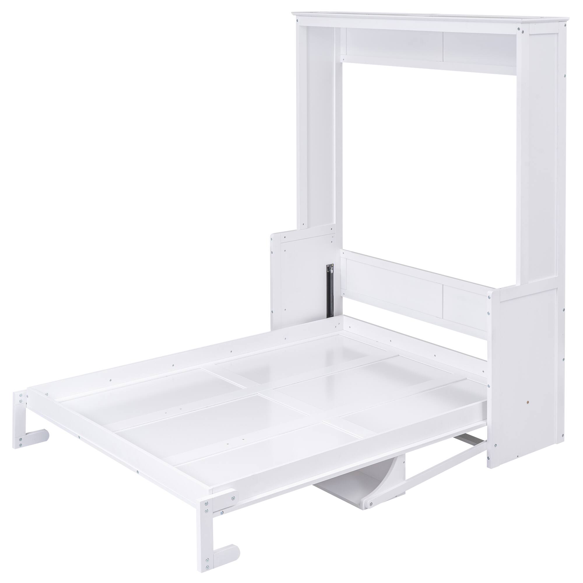 Back. Whisen - Queen Size Murphy Bed with Built-in Shelf, Space-Saving Foldable Bed Frame - White.