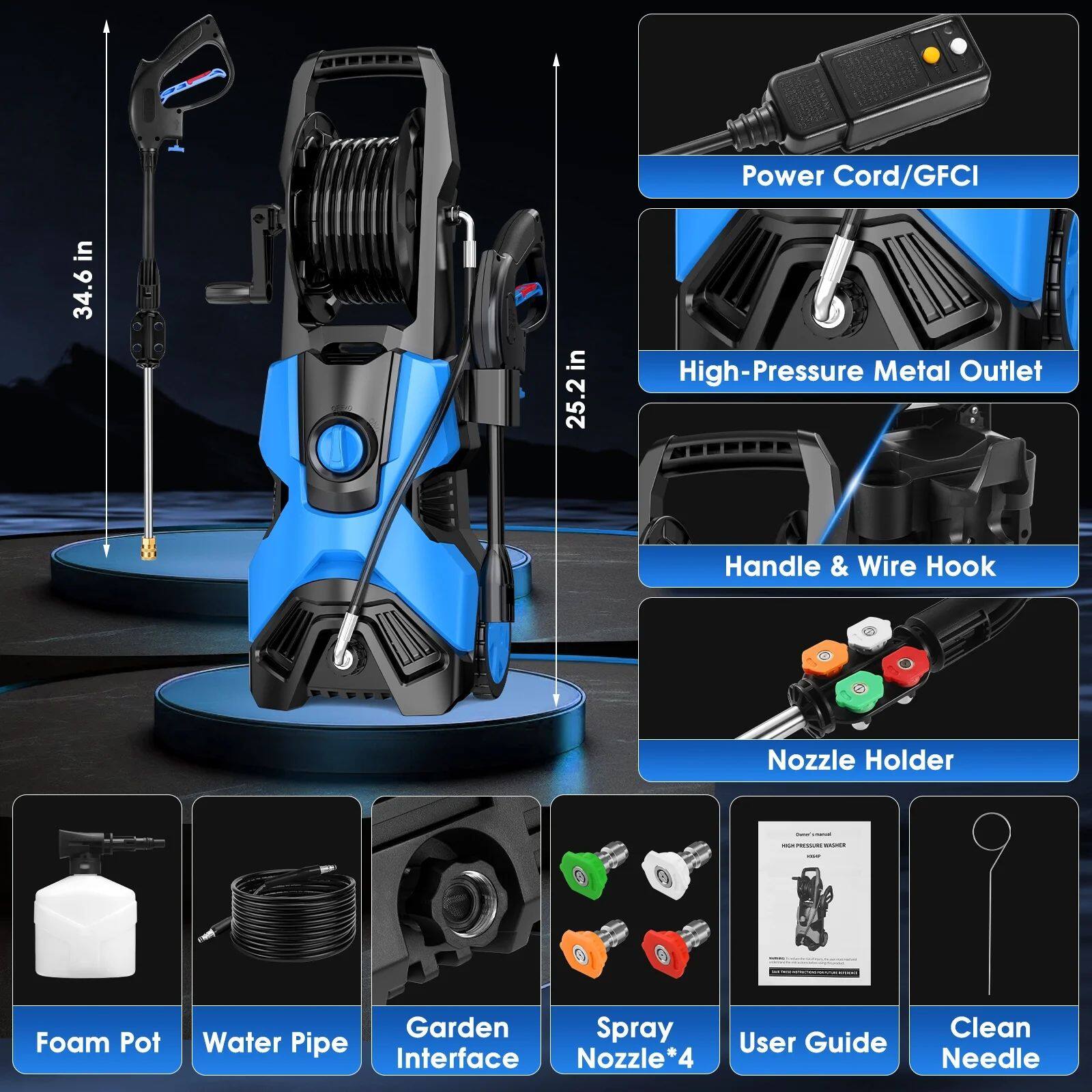Power Cord/GFCI, High-Pressure Metal Outlet, Handle & Wire Hook, Nozzle Holder, Foam Pot, Water Pipe, Garden Interface, Spray Nozzle*4, User Guide, Clean Needle