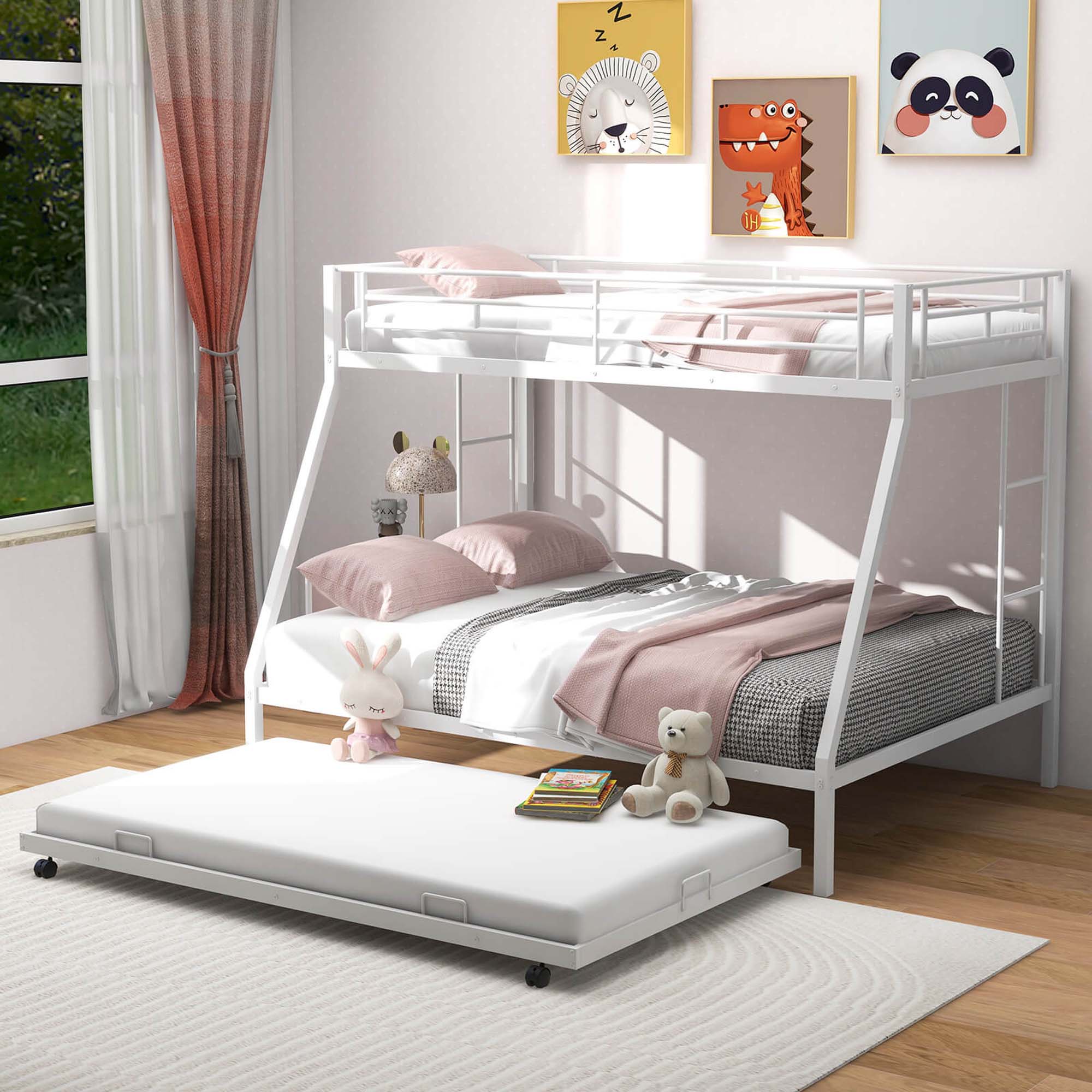 Angle. Costway - Twin Over Full Metal Slats Bunk Bed Frame with Trundle, Guard Rail & Ladders - White.