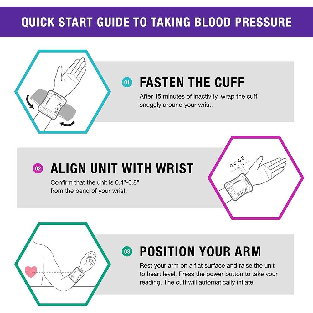**QUICK START GUIDE TO TAKING BLOOD PRESSURE**

**01 FASTEN THE CUFF**  
After 15 minutes of inactivity, wrap the cuff snugly around your wrist.

**02 ALIGN UNIT WITH WRIST**  
Confirm that the unit is 0.4"-0.8" from the bend of your wrist.

**03 POSITION YOUR ARM**  
Rest your arm on a flat surface and raise the unit to heart level. Press the power button to take your reading. The cuff will automatically inflate.