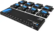 The text appears to be a mix of technical terms and abbreviations. Here's a corrected and grouped version:
- **Transmitter:** TS CA HD TSE/CA CA
- **Receiver:** RB RB oeoUTS DAT OTE CAT OUTT NOM OUT NOM IN 50m N-SEX-BCH
- **Splitter:** UPDATE HDMI DC12V DC PWR OFFION
- **Other Terms:** 1x1 EDID REI
This seems to be related to HDMI or similar video signal equipment.