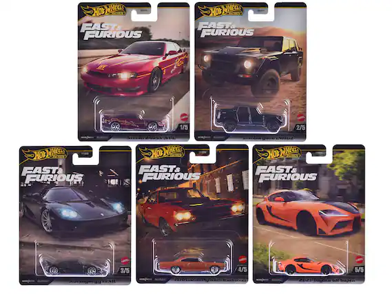 Sure, here is the corrected and grouped text:
---
**Hot Wheels Premium**
**Fast & Furious**
1/5
Nissan 240SX (S14)
MATTEL
2/5
Lamborghini LM002
MATTEL
3/5
Koenigsegg CCXR
MATTEL
4/5
1970 Custom Plymouth Roadrunner
MATTEL
5/5
2021 Toyota GR Supra
MATTEL
---
**Hot Wheels Premium**
**Fast & Furious**
1/5
Nissan 240SX (S14)
MATTEL
2/5
Lamborghini LM002
MATTEL
3/5
Koenigsegg CCXR
MATTEL
4/5
1970 Custom Plymouth Roadrunner
MATTEL
5/5
2021 Toyota GR Supra
MATTEL
---