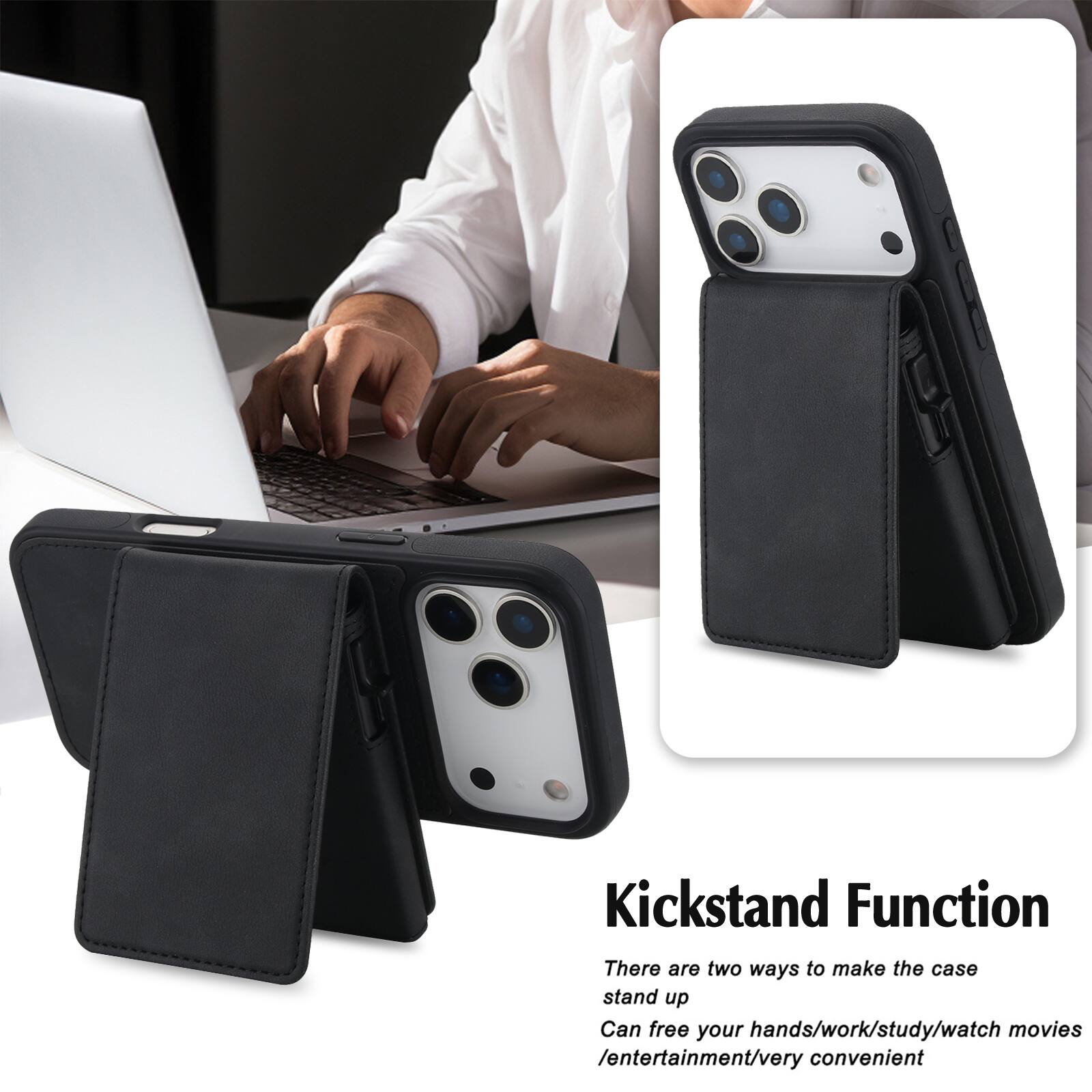 Kickstand Function

There are two ways to make the case stand up. Can free your hands/work/study/watch movies/entertainment/very convenient