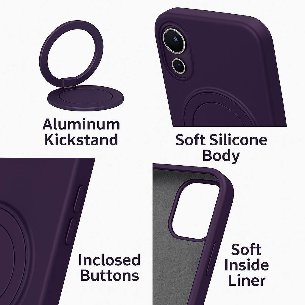 The image shows a purple cell phone case with various descriptions of its features. The case has an aluminum kickstand, a soft silicone body, and buttons on the inside liner. The case is also described as having a 9 inside liner.