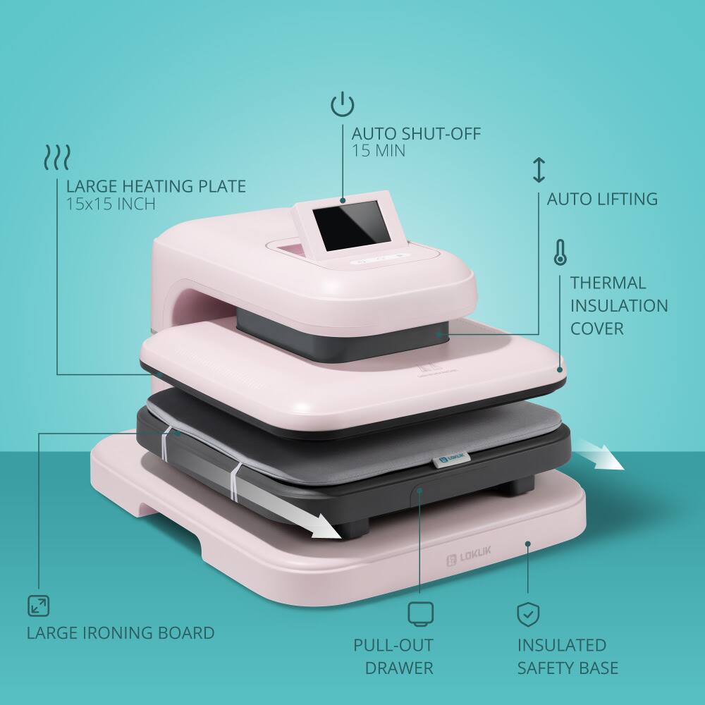 - LARGE HEATING PLATE 15x15 INCH
- AUTO SHUT-OFF 15 MIN
- AUTO LIFTING
- THERMAL INSULATION COVER
- LARGE IRONING BOARD
- PULL-OUT DRAWER
- INSULATED SAFETY BASE