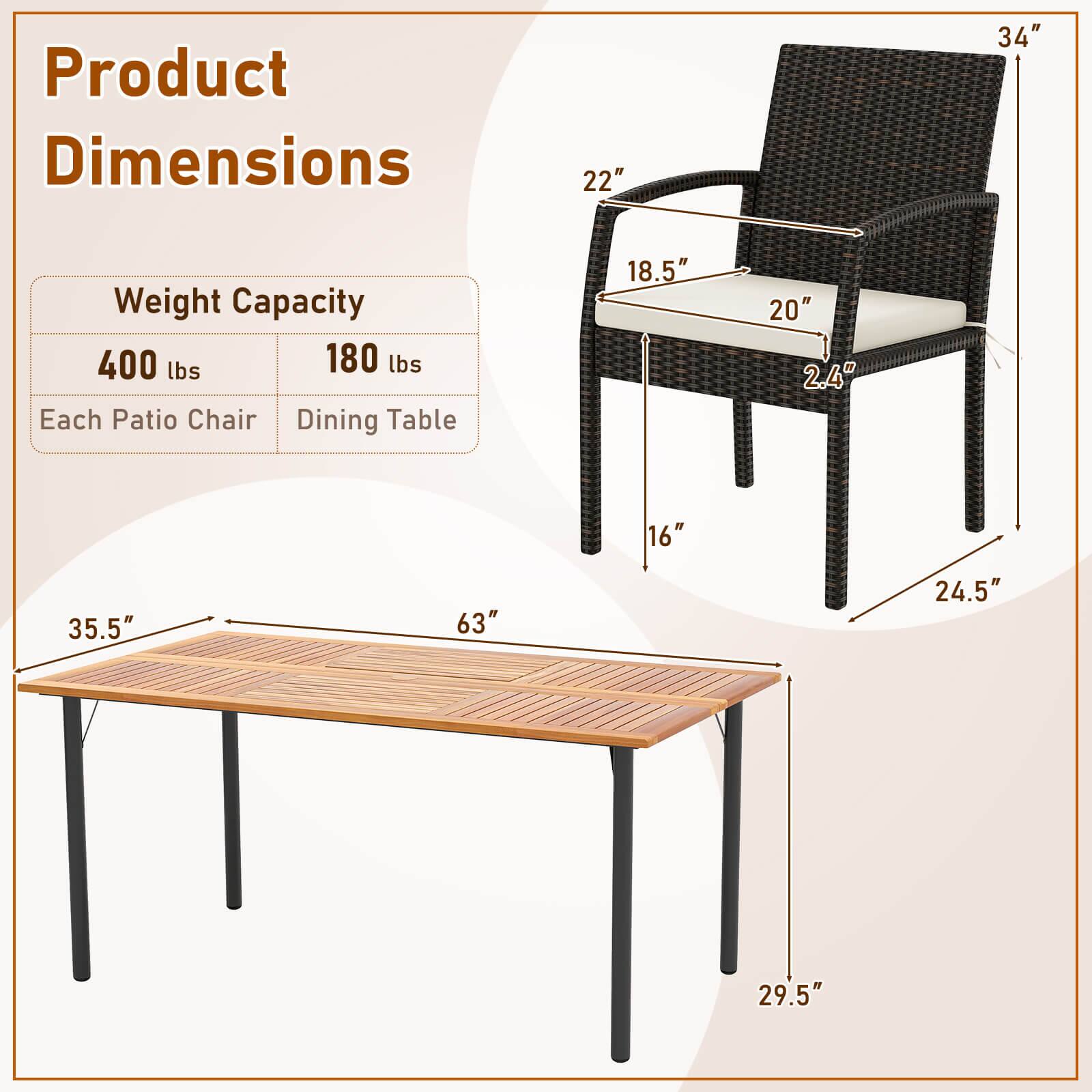 Product Dimensions

Weight Capacity
- Each Patio Chair: 400 lbs
- Dining Table: 180 lbs

Patio Chair:
- Height: 34"
- Width: 22"
- Depth: 18.5"
- Seat Height: 20"
- Armrest Height: 2.4"
- Seat Depth: 16"
- Back Height: 24.5"

Dining Table:
- Length: 63"
- Width: 35.5"
- Height: 29.5"