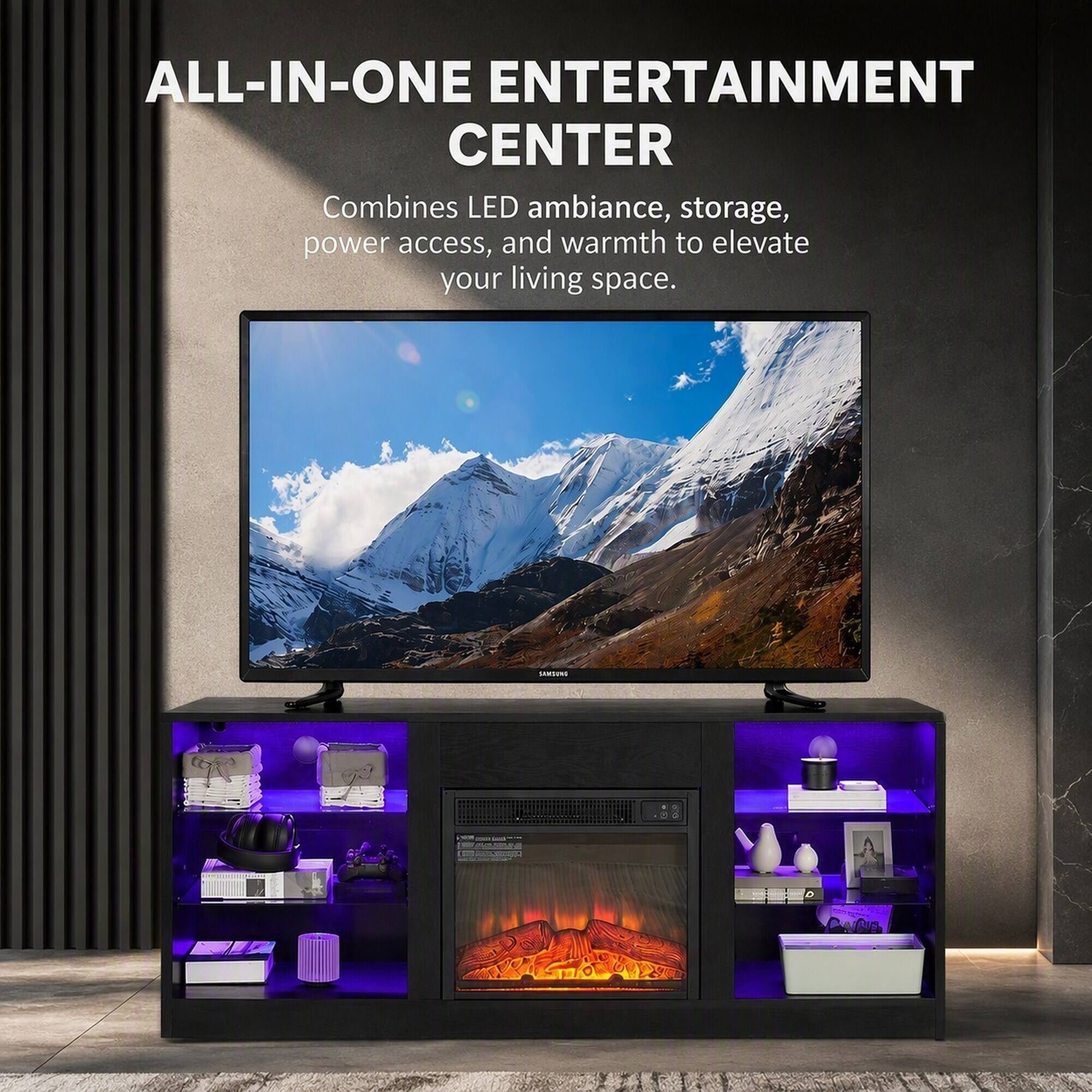 ALL-IN-ONE ENTERTAINMENT CENTER  
Combines LED ambiance, storage, power access, and warmth to elevate your living space.