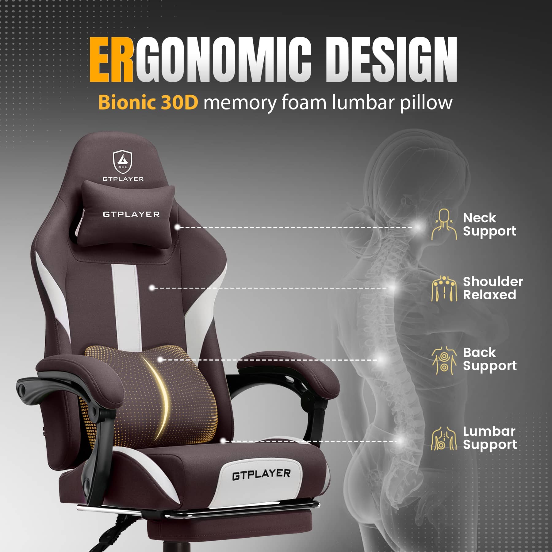 Ergonomic Design Bionic 30D Memory Foam Lumbar Pillow: Neck Support, Shoulder Relaxed, Back Support, Lumbar Support.