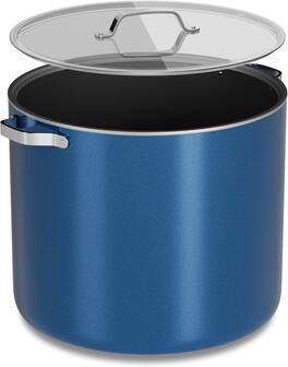 Bakken- Swiss - 12.5 Qt Aluminum Stock Pot, Nonstick Ceramic Coating, PTFE & PFAS Free, Oven Safe 500°F, SS Handles, Glass Lid - Blue