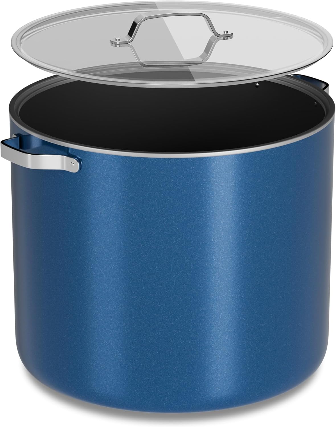 Front. Bakken- Swiss - 12.5 Qt Aluminum Stock Pot, Nonstick Ceramic Coating, PTFE & PFAS Free, Oven Safe 500°F, SS Handles, Glass Lid - Blue.