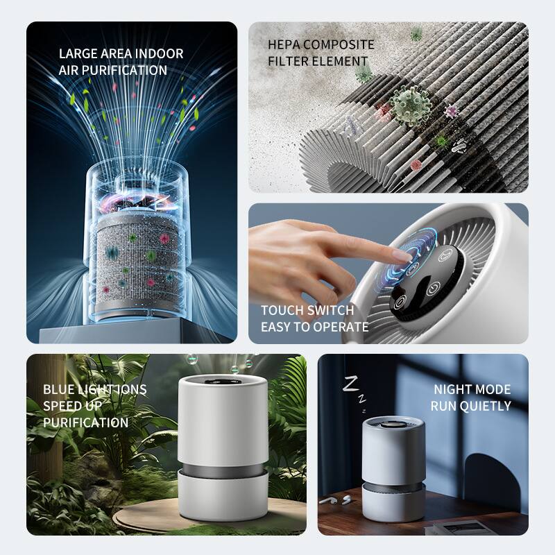 - LARGE AREA INDOOR AIR PURIFICATION
- HEPA COMPOSITE FILTER ELEMENT
- TOUCH SWITCH EASY TO OPERATE
- BLUE LIGHTS SPEED UP PURIFICATION
- NIGHT MODE RUN QUIETLY