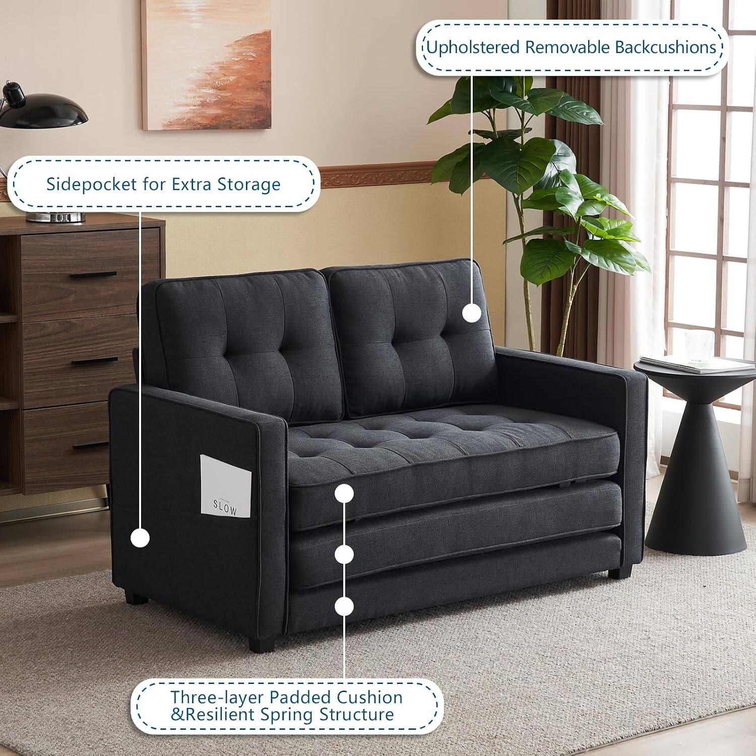 Upholstered Removable Backcushions  
Sidepocket for Extra Storage  
Three-layer Padded Cushion & Resilient Spring Structure