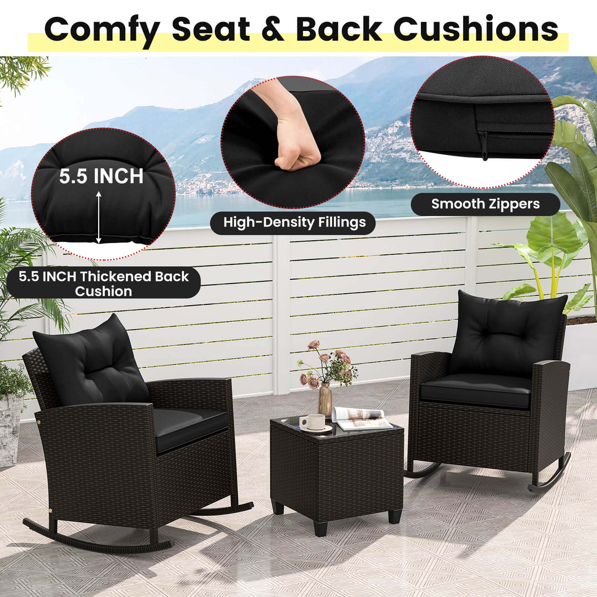 The image features two black chairs with 5.5 inch thickened back cushions and high-density fillings. The chairs have smooth zippers and are designed for comfort.