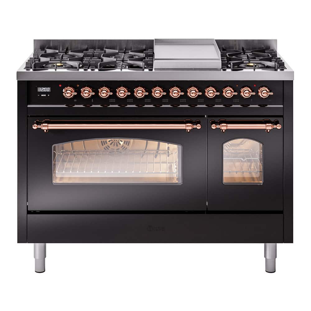 ILVE - Nostalgie II 48 inch Dual Fuel Range with 8 Burners + Griddle (Natural Gas, Stainless Steel, Burnished Trim) - Stainless Steel