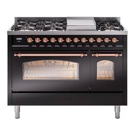 ILVE - Nostalgie II Series 48 in. Dual Fuel Range with 8 Sealed Burners + Griddle (Natural Gas, Burnished Trim) - Stainless Steel