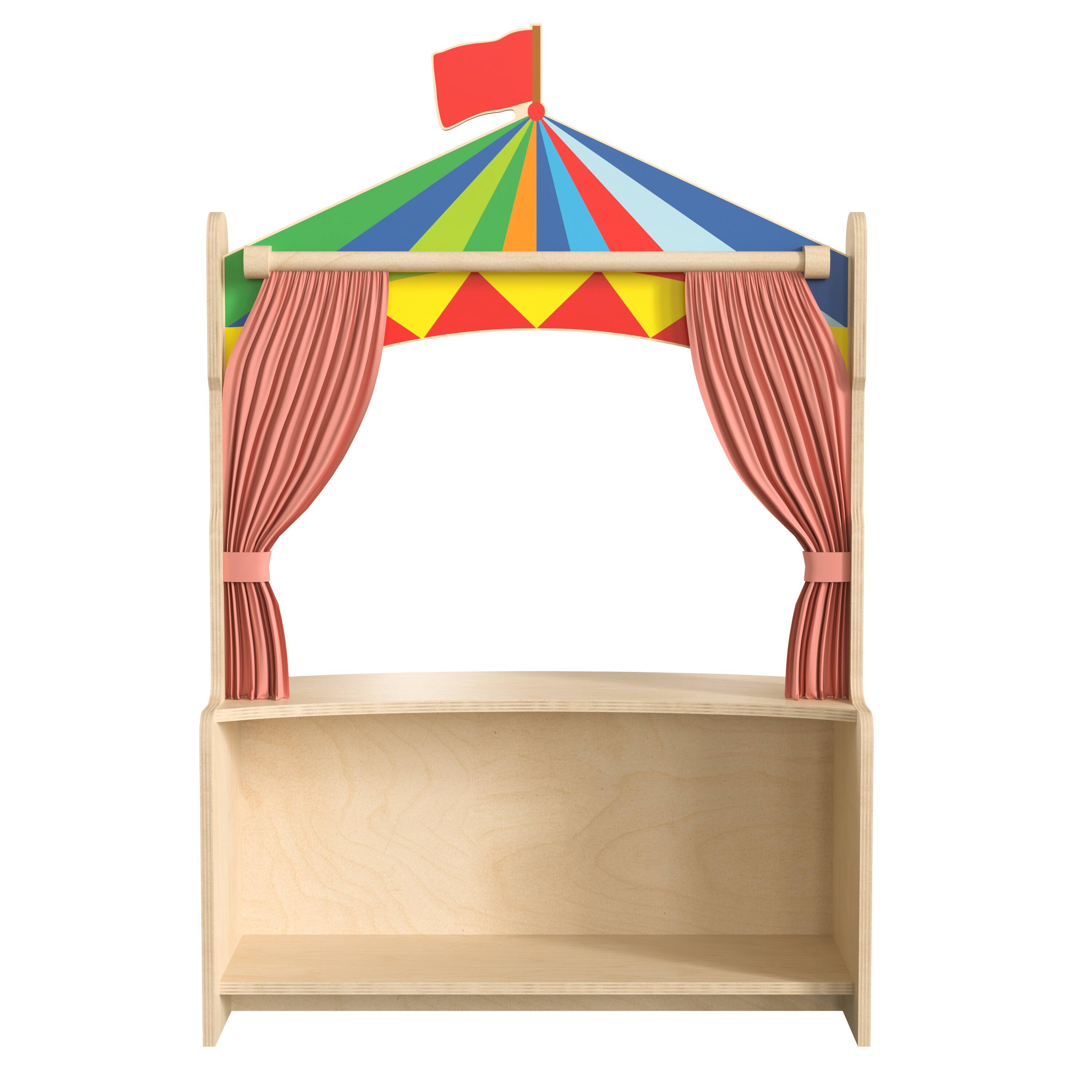 Back. Flash Furniture - Bright Beginnings Wooden Puppet Theater with Removable Curtains and Bottom Magnetic Chalkboard, Natural - Natural.