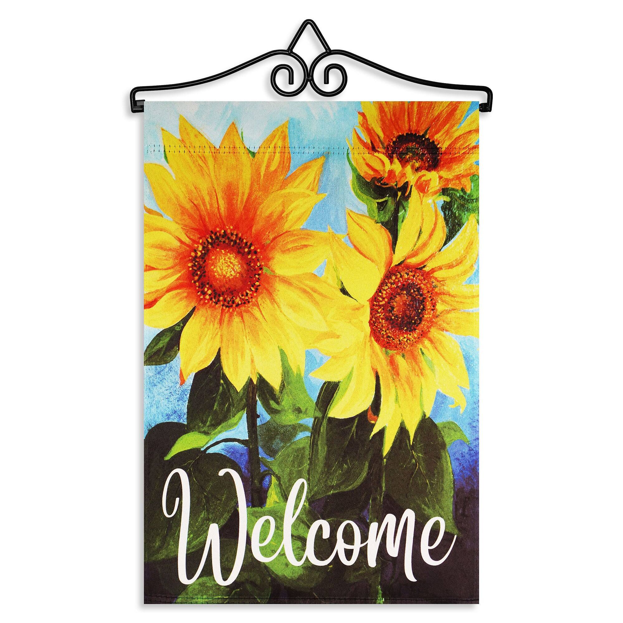 Front. G128 - Combo Garden Flag Hanger 14.2 in with 12 x 18 in Double-Sided Blockout Flag - Welcome Sunflowers Blue Sky - Yellow.