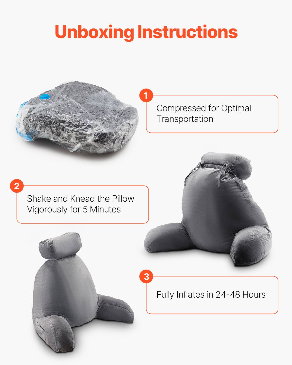 Unboxing Instructions

1. Compressed for Optimal Transportation

2. Shake and Knead the Pillow Vigorously for 5 Minutes

3. Fully Inflates in 24-48 Hours