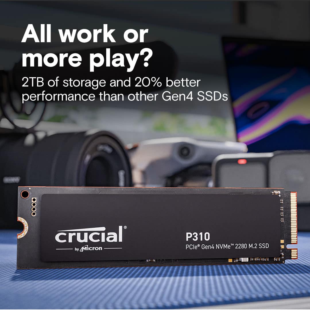 All work or more play? Crucial by Micron P310 PCle Gen4 NVMe 2280 M.2 SSD offers 2TB of storage and 20% better performance than other Gen4 SSDs.