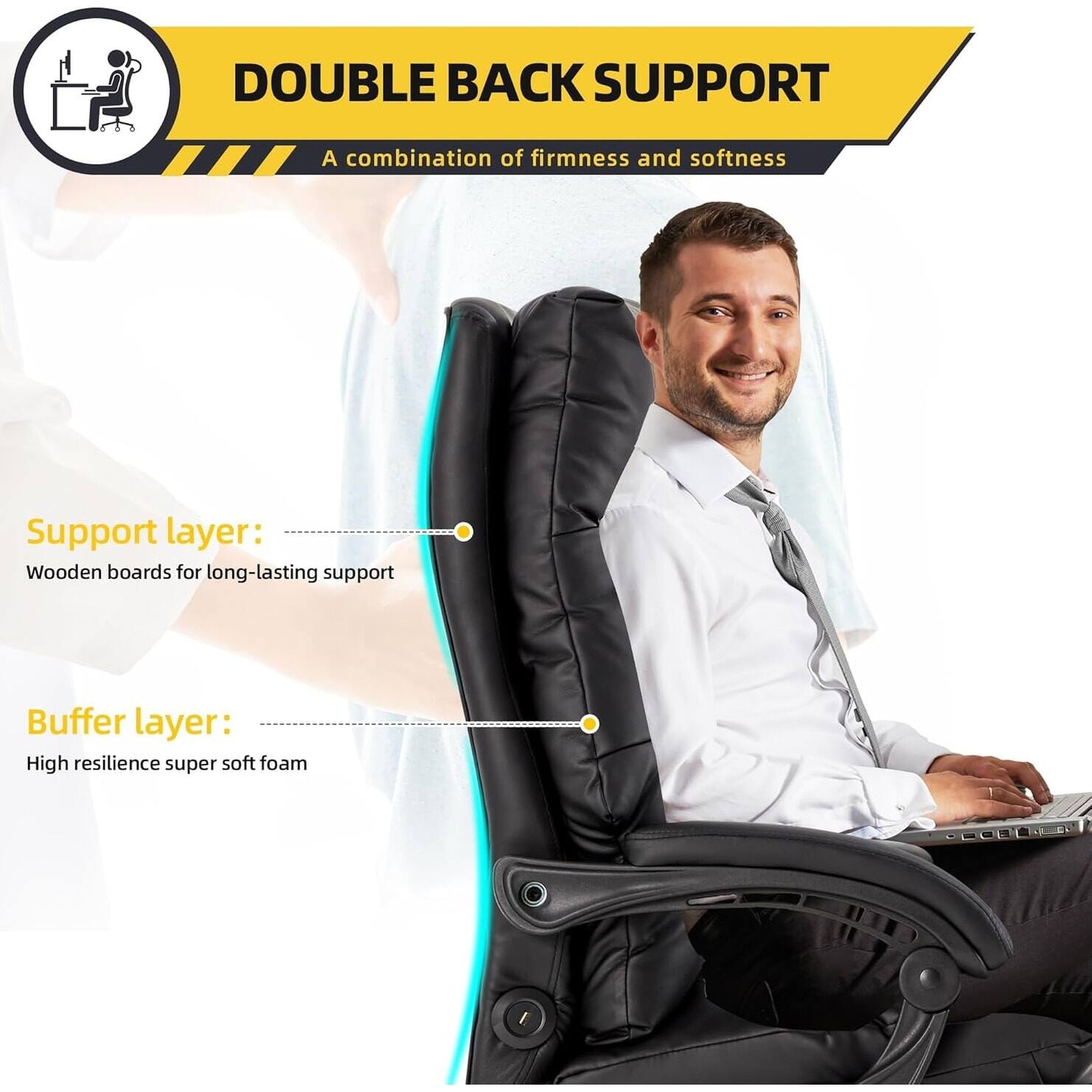 DOUBLE BACK SUPPORT  
A combination of firmness and softness  

Support layer:  
Wooden boards for long-lasting support  

Buffer layer:  
High resilience super soft foam