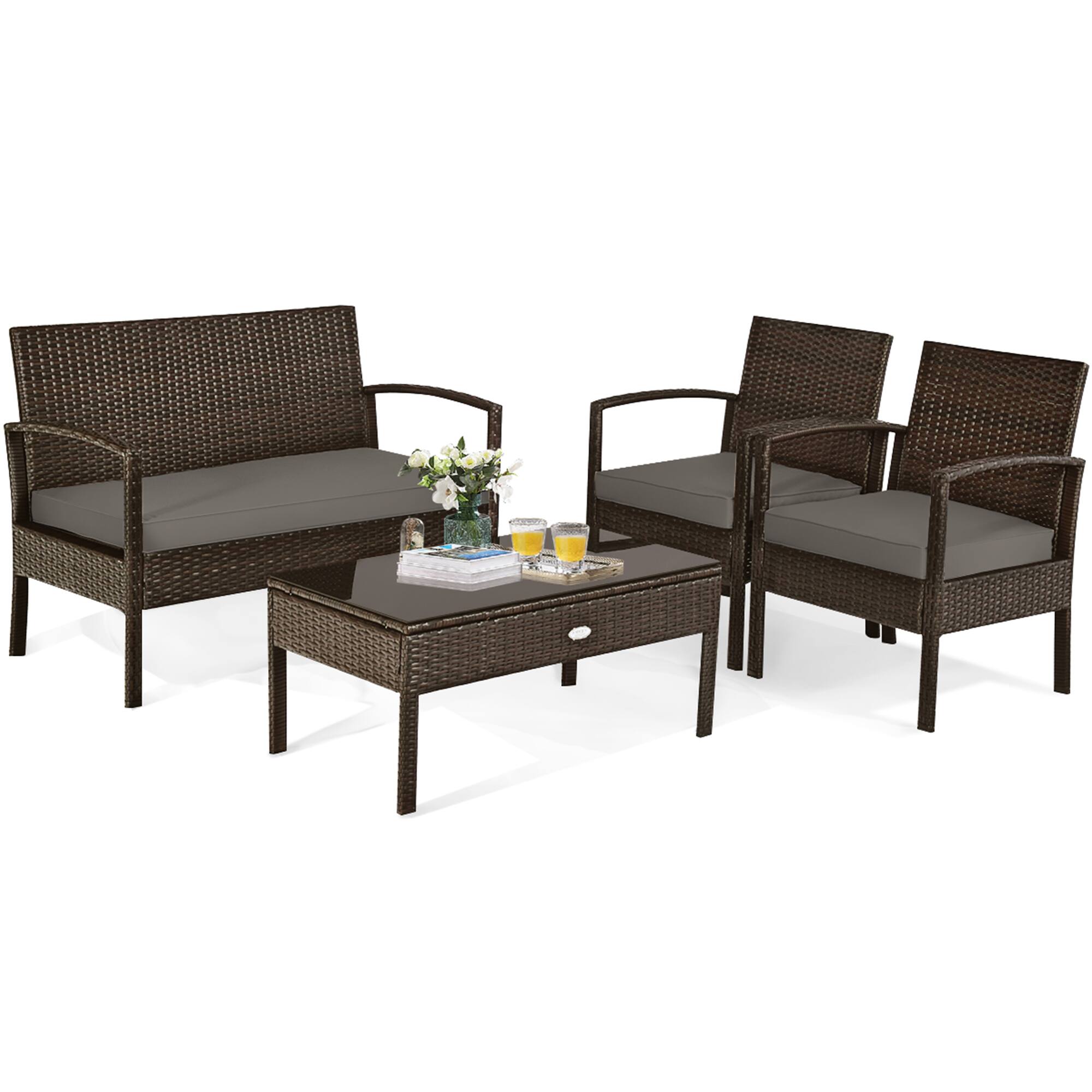 Alt View 1. Gymax - Gymax 4PCS Patio Garden Outdoor Rattan Wicker Furniture Set Brown - brown.