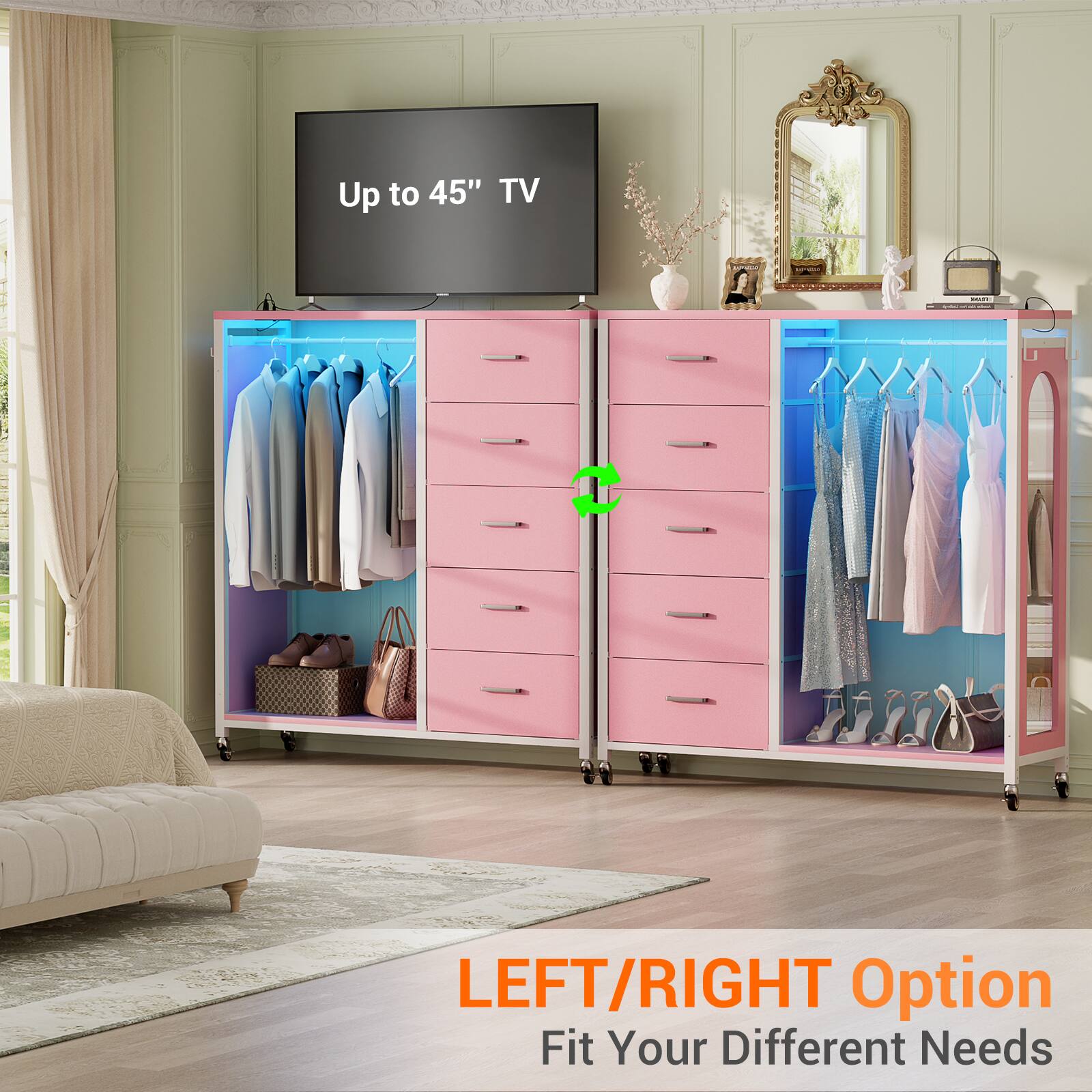 Up to 45" TV: LEFT/RIGHT Option Fit Your Different Needs