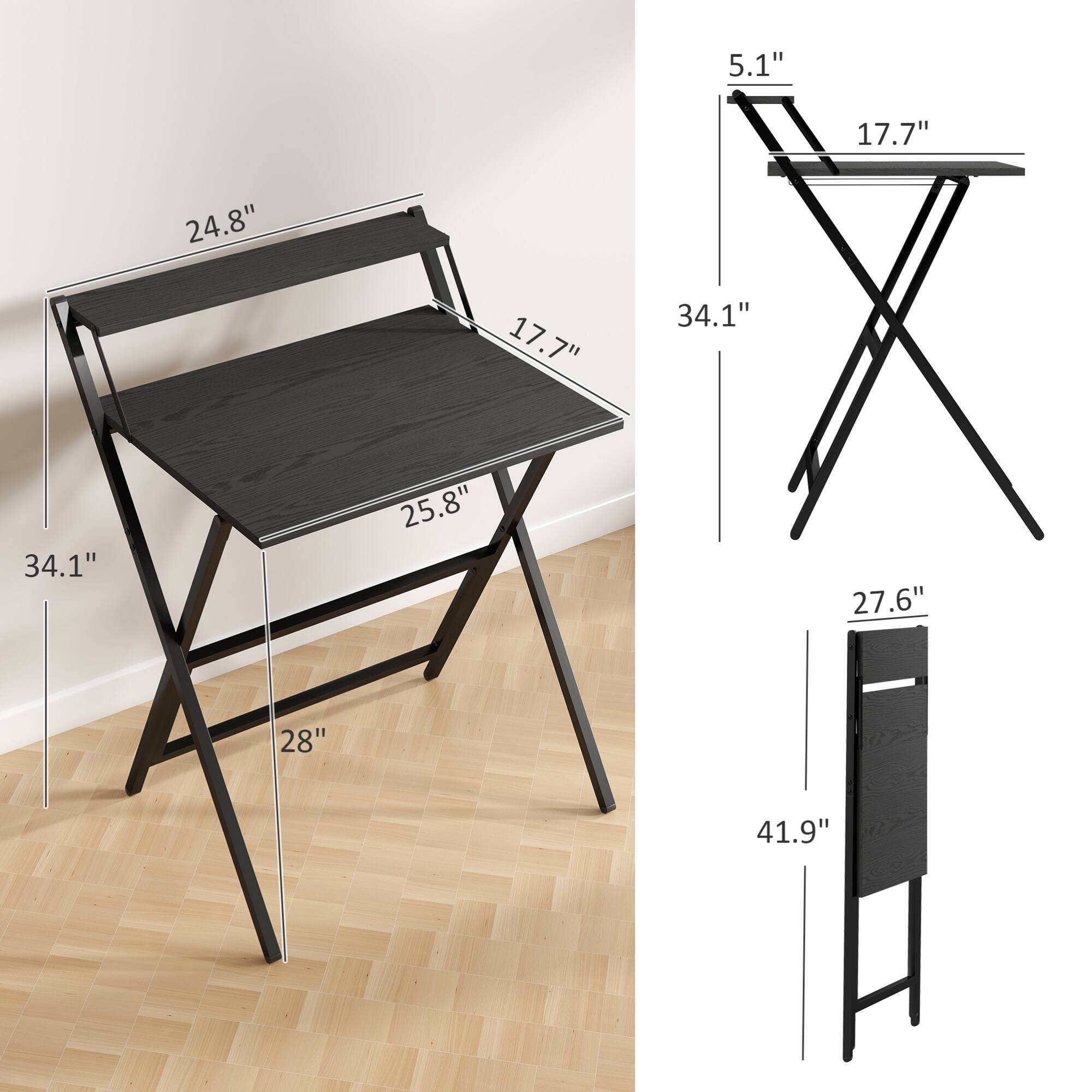 Sure, here is the corrected and grouped text from the image:

- **Dimensions of the Table:**
  - Length: 34.1"
  - Width: 24.8"
  - Depth: 28"
  - Height: 17.7"
  - Seat Height: 17.7"
  - Seat Depth: 25.8"

- **Dimensions of the Stand:**
  - Height: 41.9"
  - Width: 27.6"
  - Depth: 17.7"
  - Height from Floor to Top: 34.1"
  - Height from Floor to Bottom Shelf: 5.1"