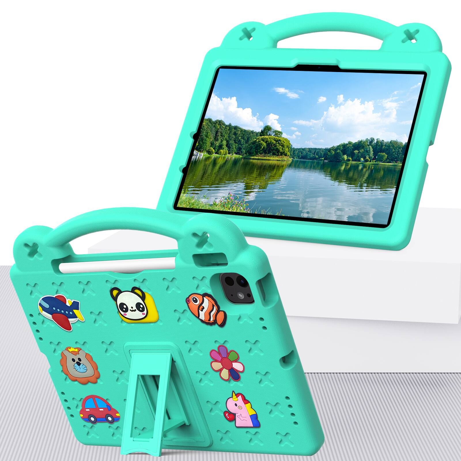 Left. UUCOVER - Kids Case for iPad Air 11-inch M4 M3 M2 (2026/2025/2024),Shockproof EVA Case Handle Adjustable Stand Cover - Mint.