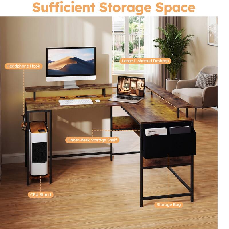 Sufficient Storage Space Headphone Hook Large L-shaped Desktop Under-desk Storage Shelf CPU Stand Storage Bag