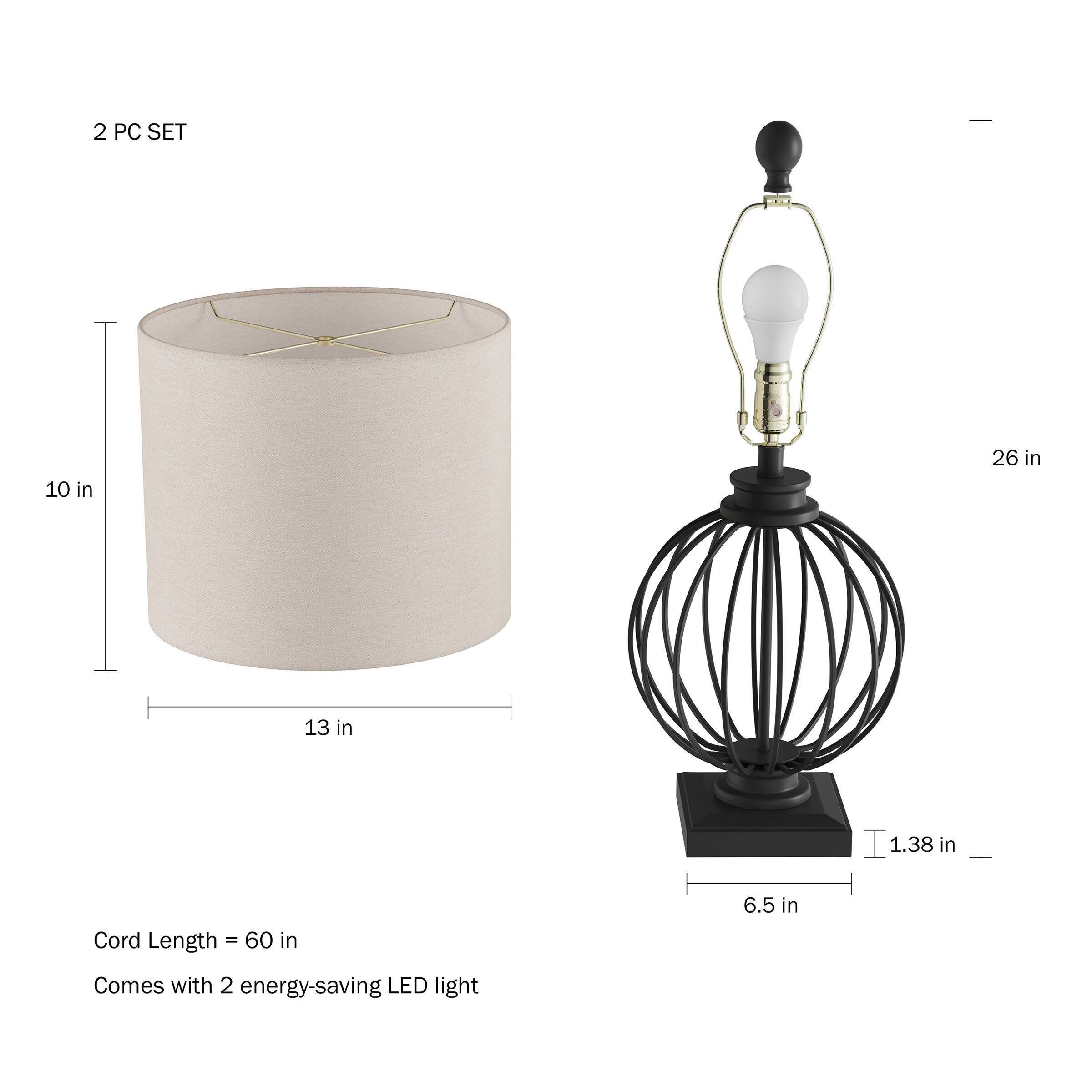 2 PC SET

- Height: 10 in
- Diameter: 13 in

- Height: 26 in
- Base Diameter: 6.5 in
- Base Height: 1.38 in

Cord Length = 60 in

Comes with 2 energy-saving LED light