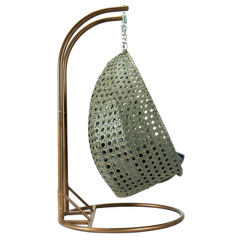 Back. LeisureMod - Leisuremod 2-Person Wicker Egg Swing Chair with Stand & Washable Cushions - Indoor/Outdoor Double Hanging Patio Chair - Charcoal Blue.