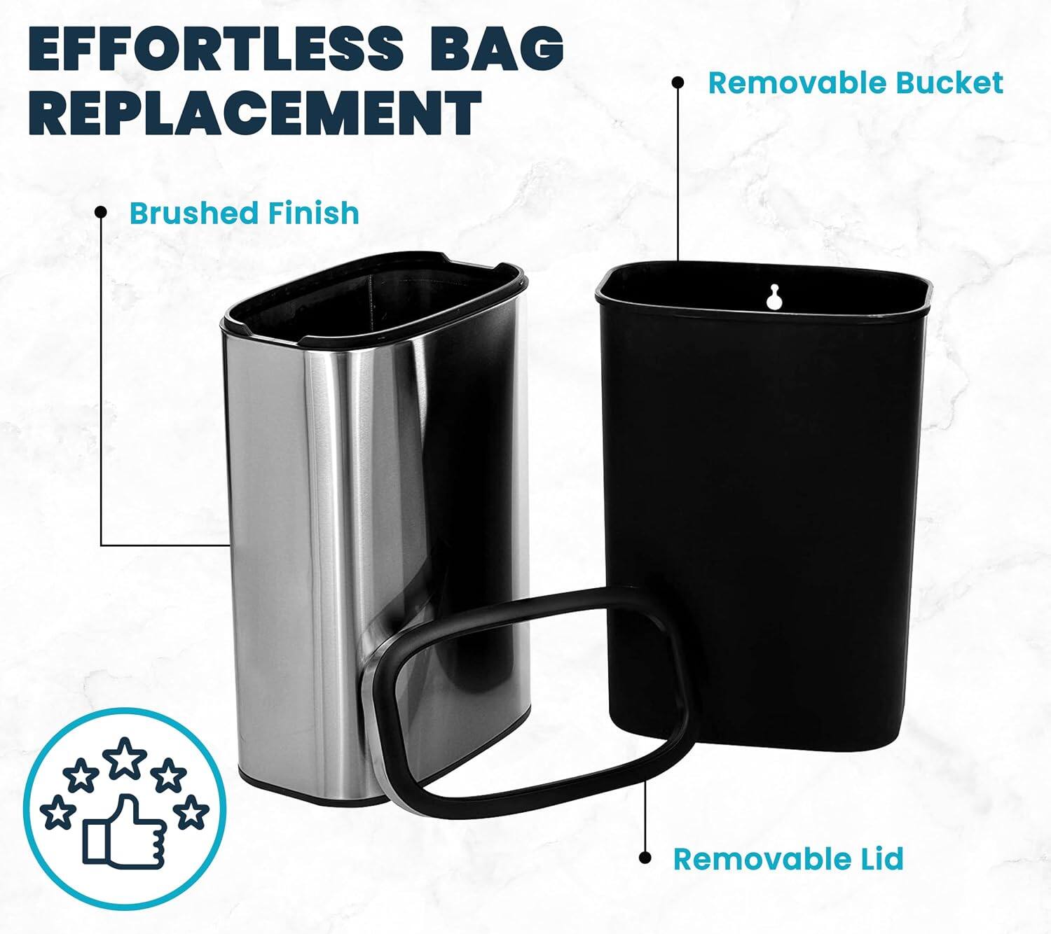 EFFORTLESS BAG REPLACEMENT

- Brushed Finish
- Removable Bucket
- Removable Lid