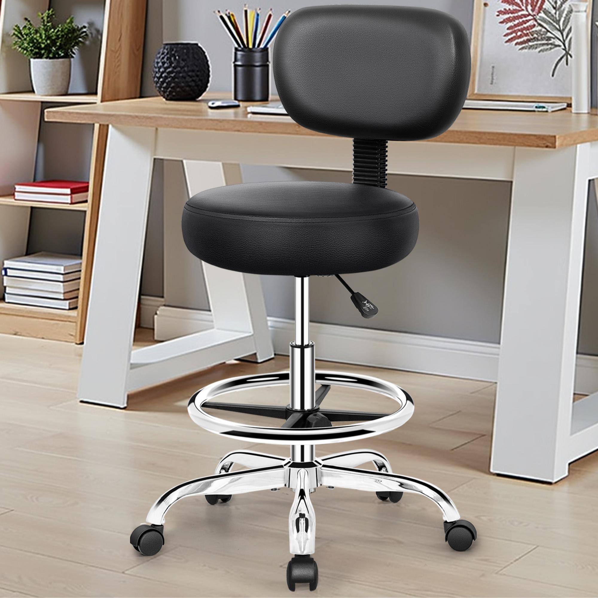 Front. KERDOM - Drafting Chair with Backrest, Adjustable Footrest Rolling Stool PU Leather for Office Studio Lab Counter Salon Bar Shop - Black.