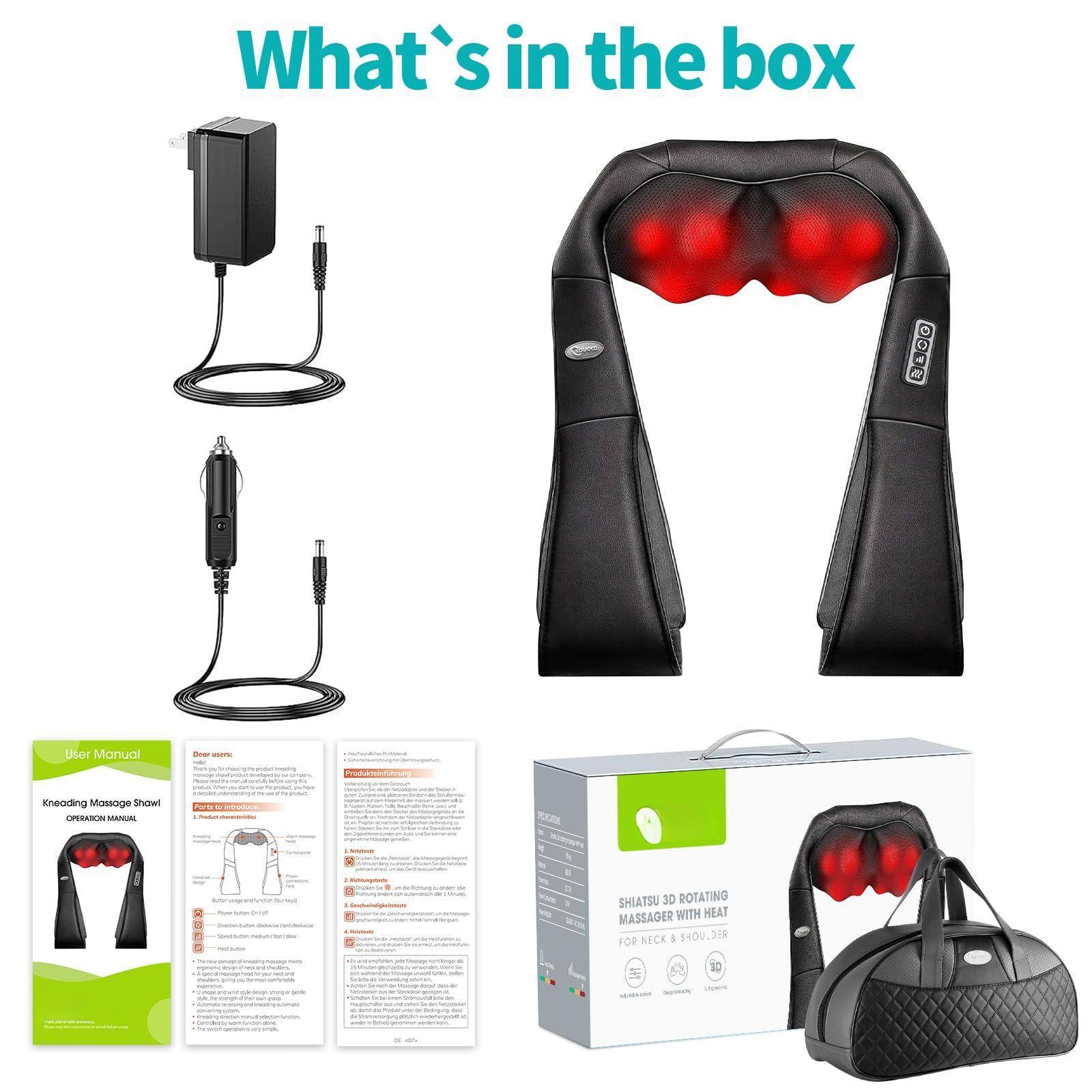 What's in the box

- User Manual: Kneading Massage Show
- SHATSU 3D Rotating Massager with Heat for Neck & Shoulder
- Power Adapter
- USB Cable
- Carrying Bag