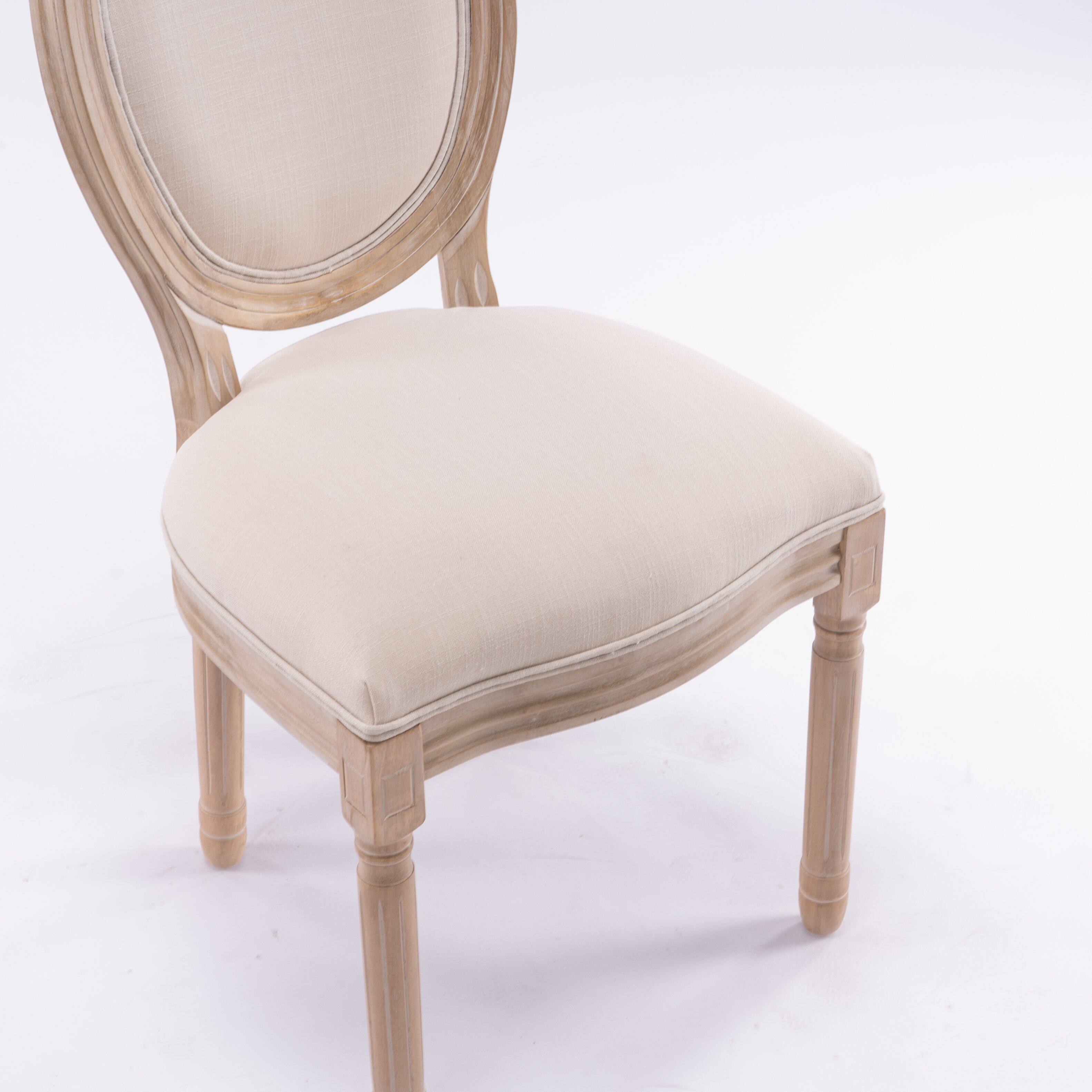 Left. Lirago - 19 Inch French Style Dining Chairs Set of 2 Linen Fabric Upholstered Oval Back Solid Wood Frame - Beige.