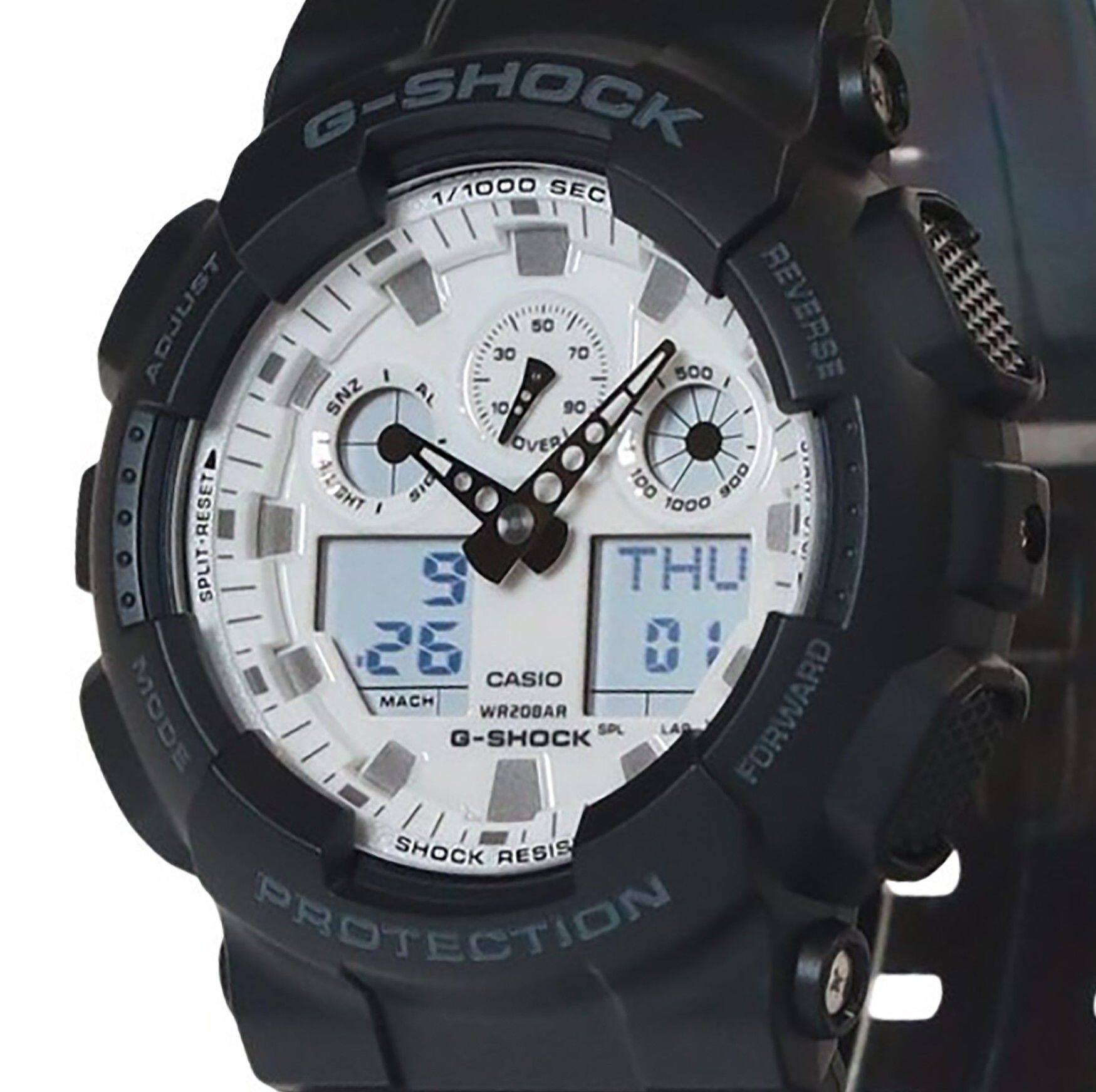 G-SHOCK 1/1000 SEC ADJUST 30 50 70 500 REVERSE SNZ AL 10 90 OVER .HT a 1D0 900 DTAN 1000 SPLIT-RESET S THU 26 0 CASIO MACH MODE WRZOBAR FORWARD SPL LAA G-SHOCK SHOCK RESIS PROTECTION