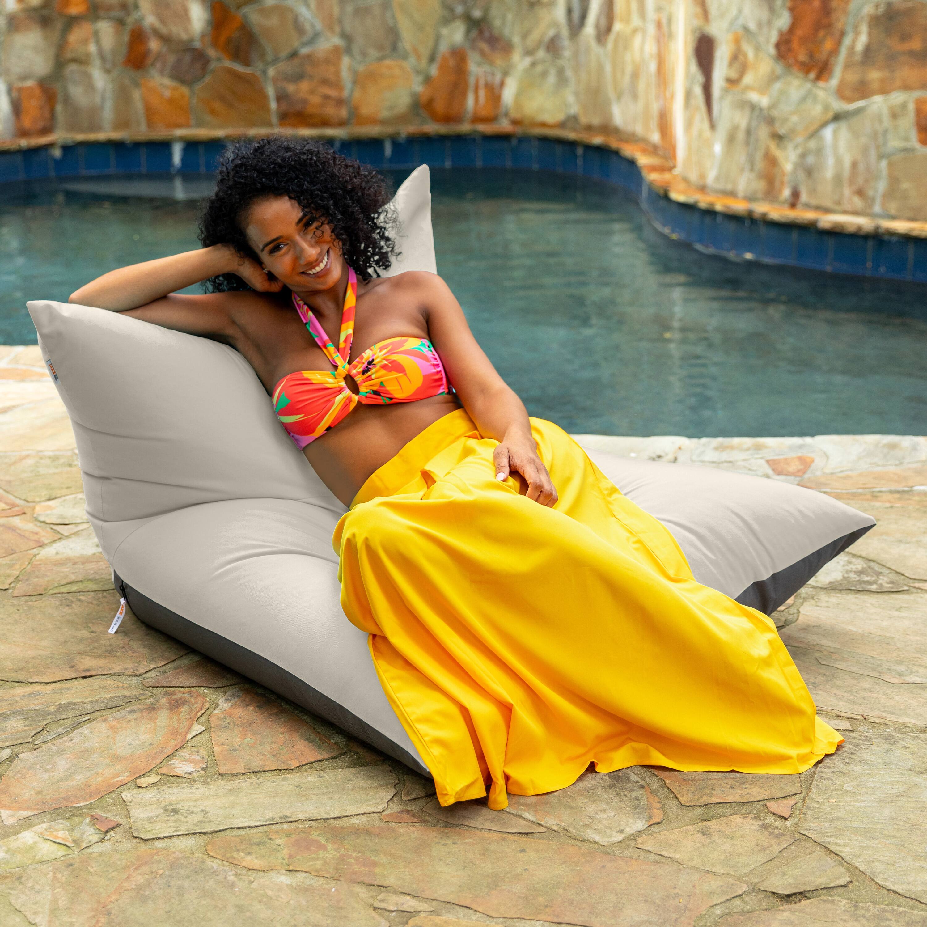 Angle. Jaxx - Jaxx Finster Outdoor Bean Bag Lounge Chair - Sunbrella Flax - Sunbrella Flax.