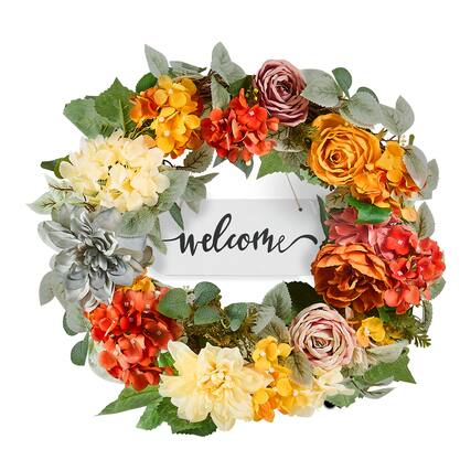 Front. VEVOR - Artificial Decorative Wreath, 24 in, Red Orange Yellow, Decorated with Hydrangeas, Roses, Wooden Sign, Year Round Wreath - Red, Orange, Yellow.