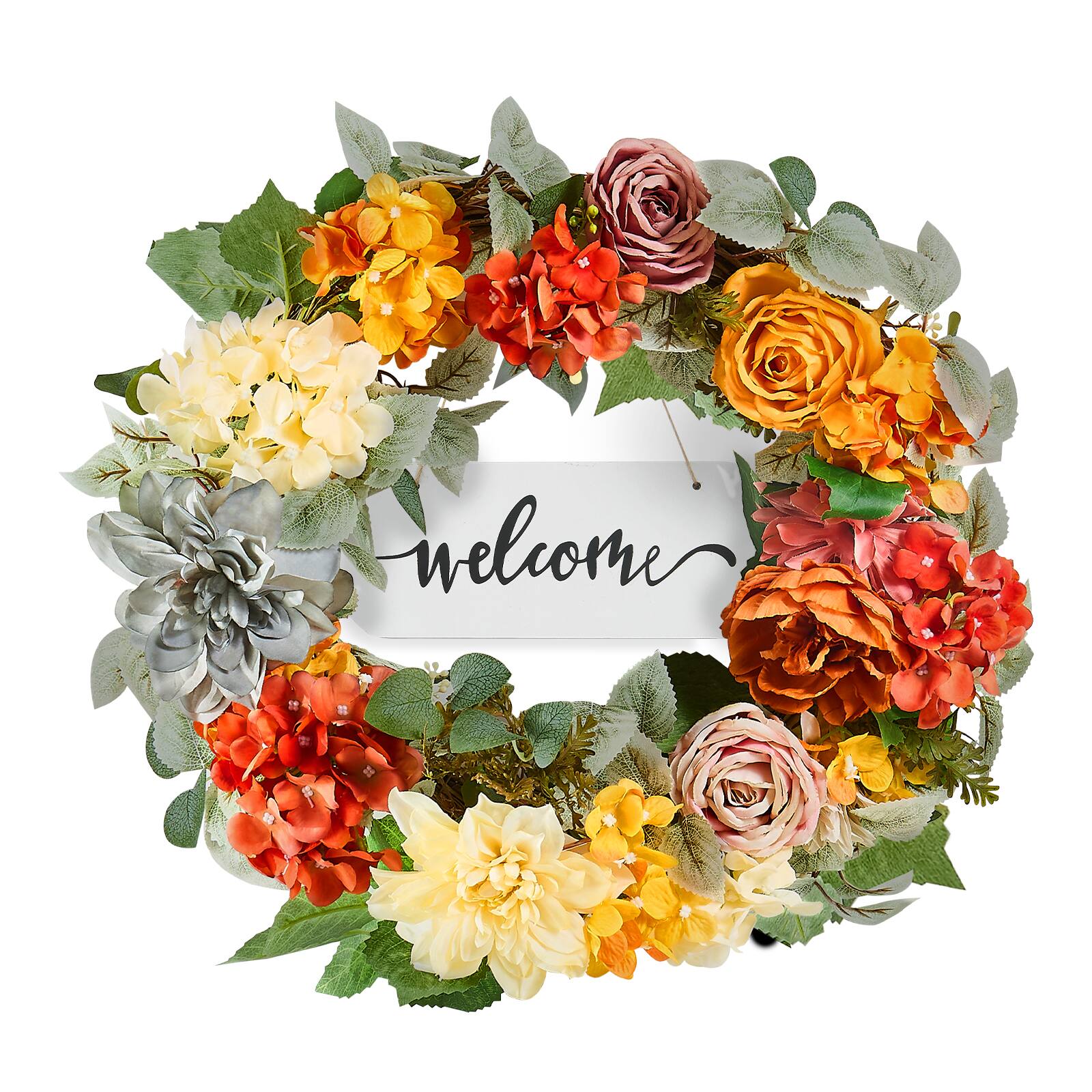 Front. VEVOR - Artificial Decorative Wreath, 24 in, Red Orange Yellow, Decorated with Hydrangeas, Roses, Wooden Sign, Year Round Wreath - Red, Orange, Yellow.