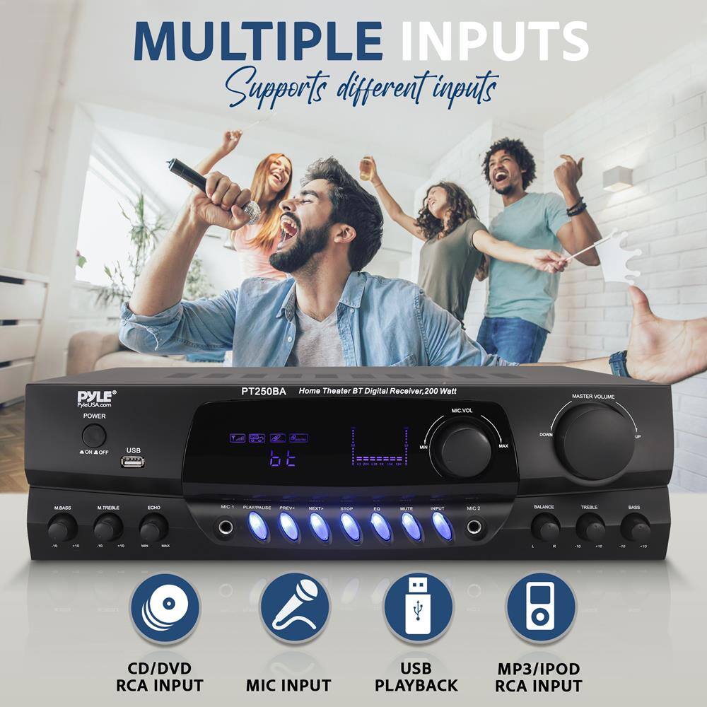 **MULTIPLE INPUTS**  
Supports different inputs

**PYLE**  
PT250BA  
Home Theater | Digital Receiver, 200 Watt

- CD/DVD RCA INPUT
- MIC INPUT
- USB PLAYBACK
- MP3/IPOD RCA INPUT