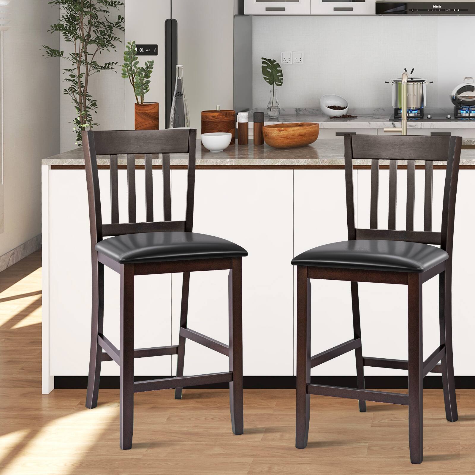 Alt View 1. Ecooso - Set of 2 25 Inch Bar Stools with Rubber Wood Legs and Upholstered Cushioned Seat - Dark Espresso.