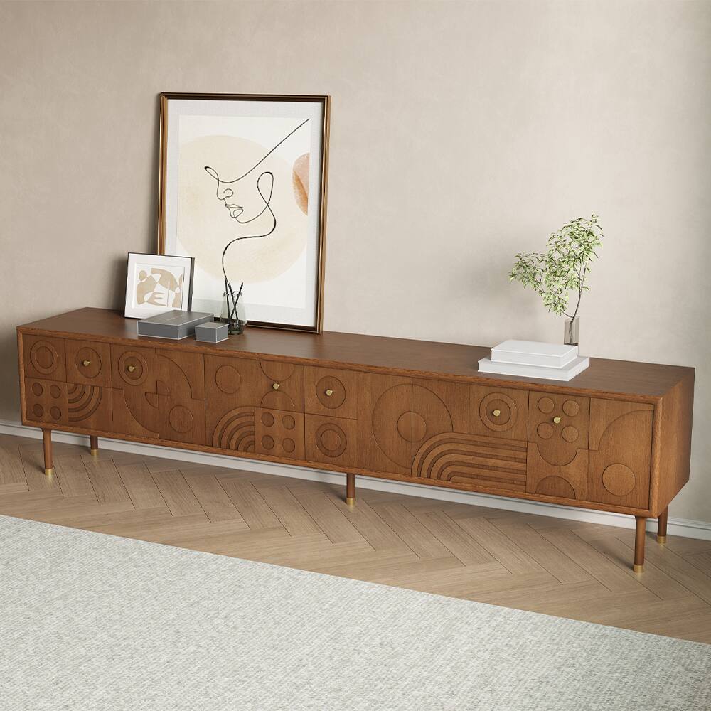 Back. POVISON - 94.49"Mid-Century Modern TV Stand, Wood Media Console with Cabinets, Tall-Cast Legs - Walnut Color.