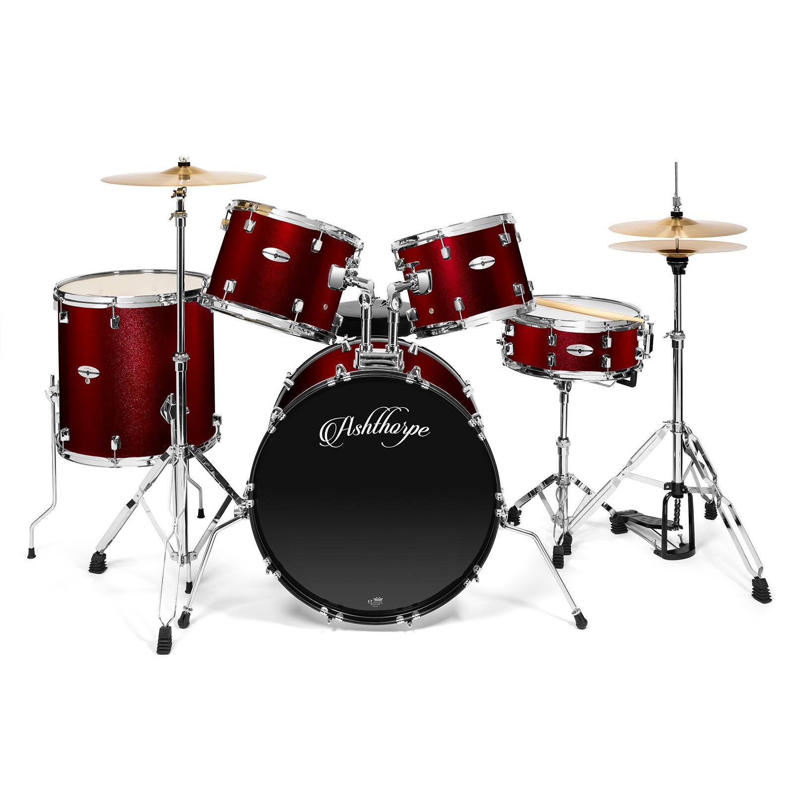 Alt View 1. Ashthorpe - Adult Drum Set with Remo Heads and Brass Cymbals (Set of 5) - Red.
