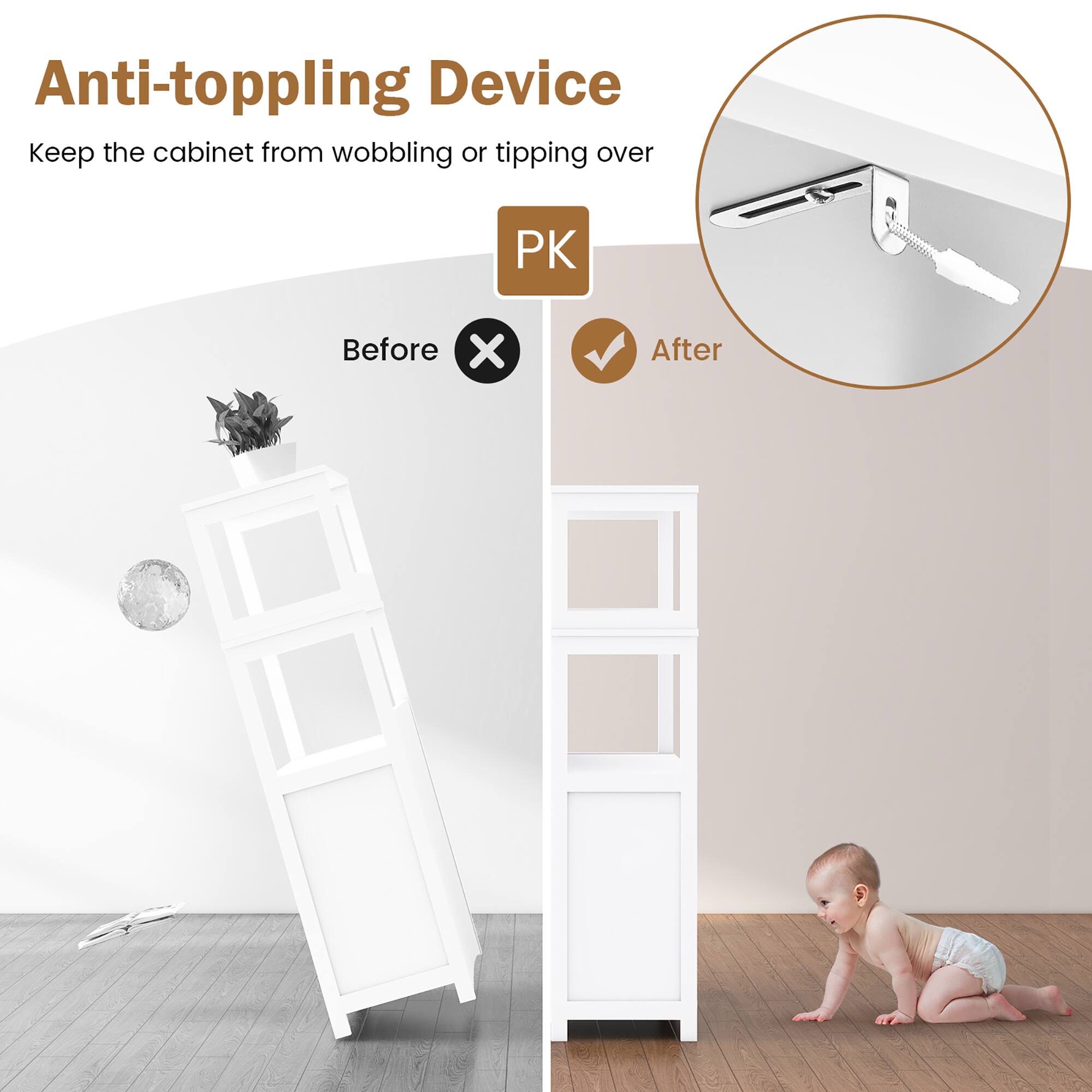 Anti-toppling Device  
Keep the cabinet from wobbling or tipping over  

Before ❌  
After ✅  

PK