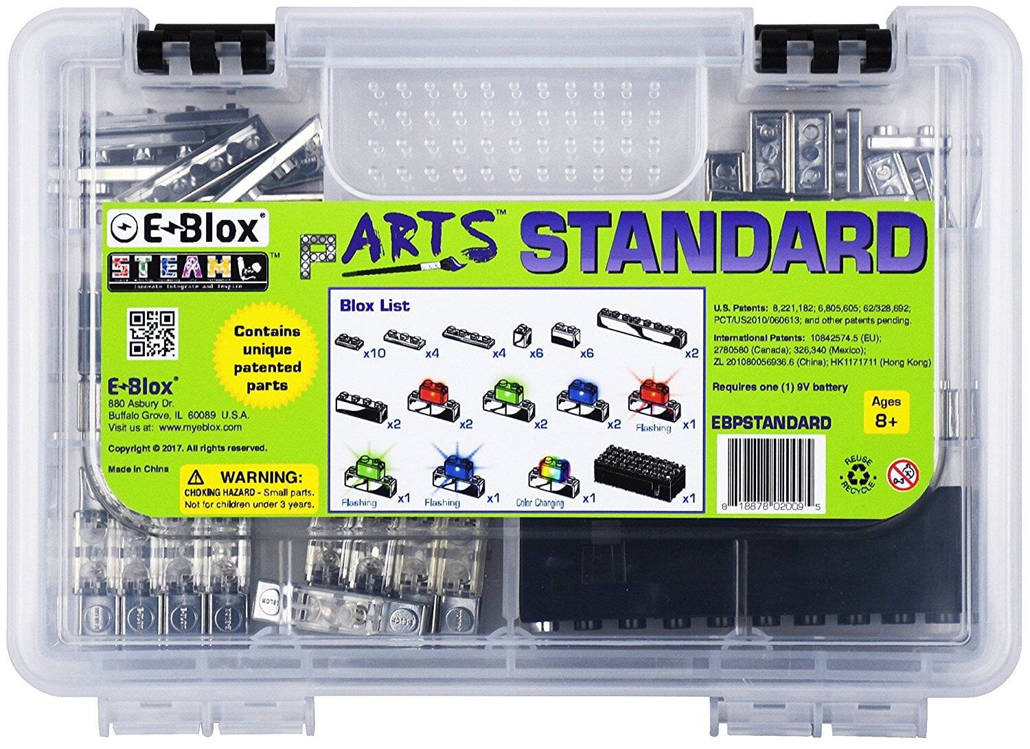 E-Blox ARTS STANDARD  
Blox List  
U.S. Patents: 8,221,182; 6,805,605; 62/328,692; PCT/US2010/060613; and other patents pending  
Contains International Patents: 10842574.5 (EU); 2780580 (Canada); 326,340 (Mexico); ZL 201080056936.6 (China); HK1171711 (Hong Kong)  
Requires one (1) 9V battery  
880 Asbury Dr. Buffalo Grove, IL 60089 U.S.A.  
Visit us at: www.myeblox.com  
Copyright © 2017. All rights reserved.  
Made in China  
WARNING: CHOKING HAZARD - Small parts. Not for children under 3 years.  
Flashing  
Color Changing  
Ages 8+  
EBPSTANDARD  
E-Blox  
STEAM  
Create, integrate, and explore